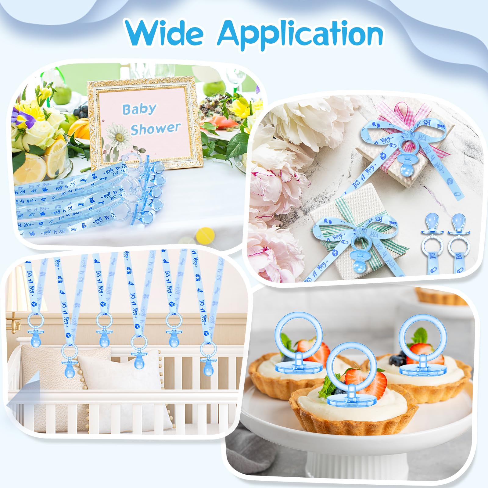 100 collane con ciucci per baby shower, graziose collane in acrilico per chupones para baby shower giochi fascino, bomboniere, decorazioni fai da te, rivelazione di genere spargere la tavola (blu)