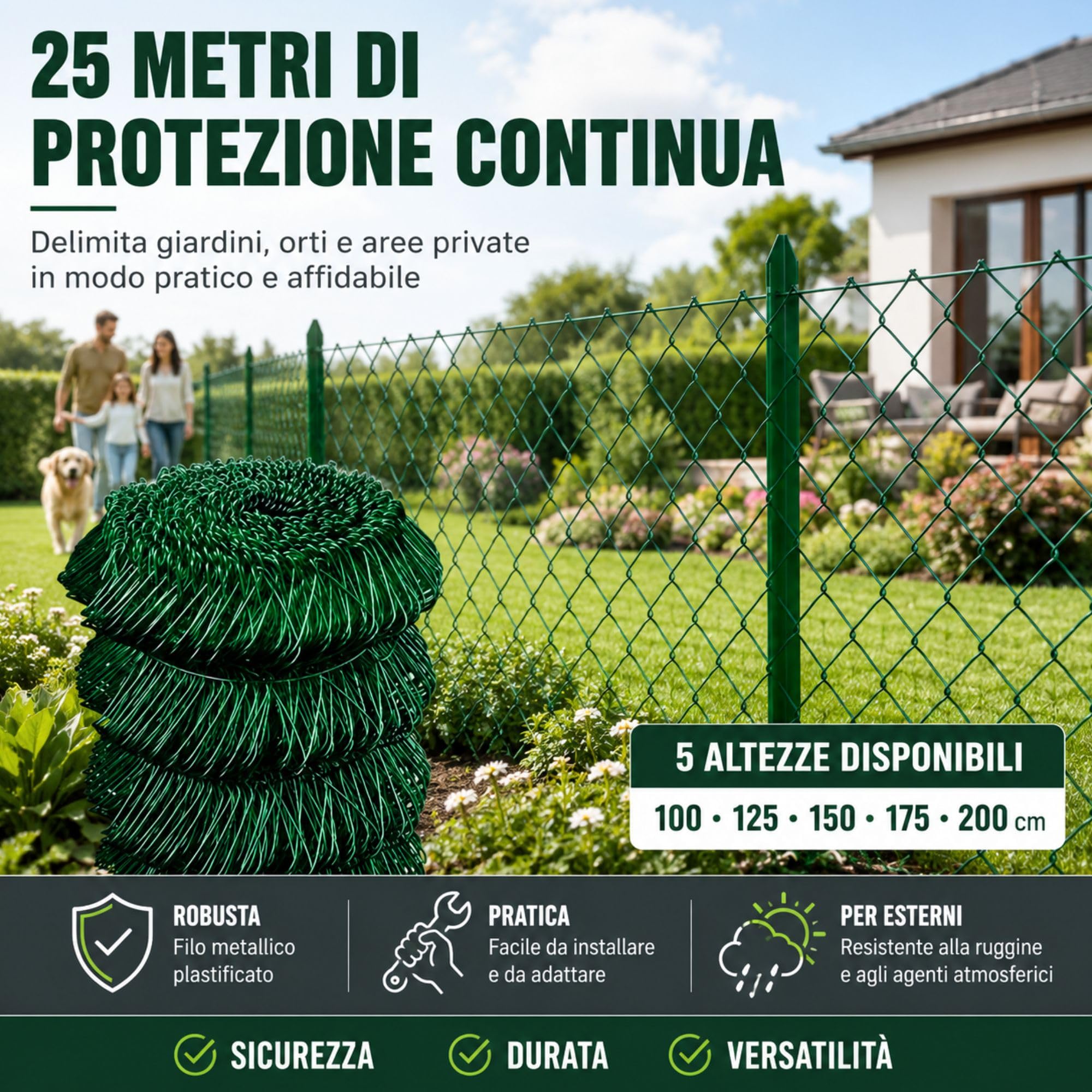 ITALFROM Rotolo 25mt Recinzione Rete Metallica Zincata Plastificata Maglia Sciolta Maglia:mm50X50 Diametro Filo:mm2,4 Altezza Rete:150 cm cod.2173