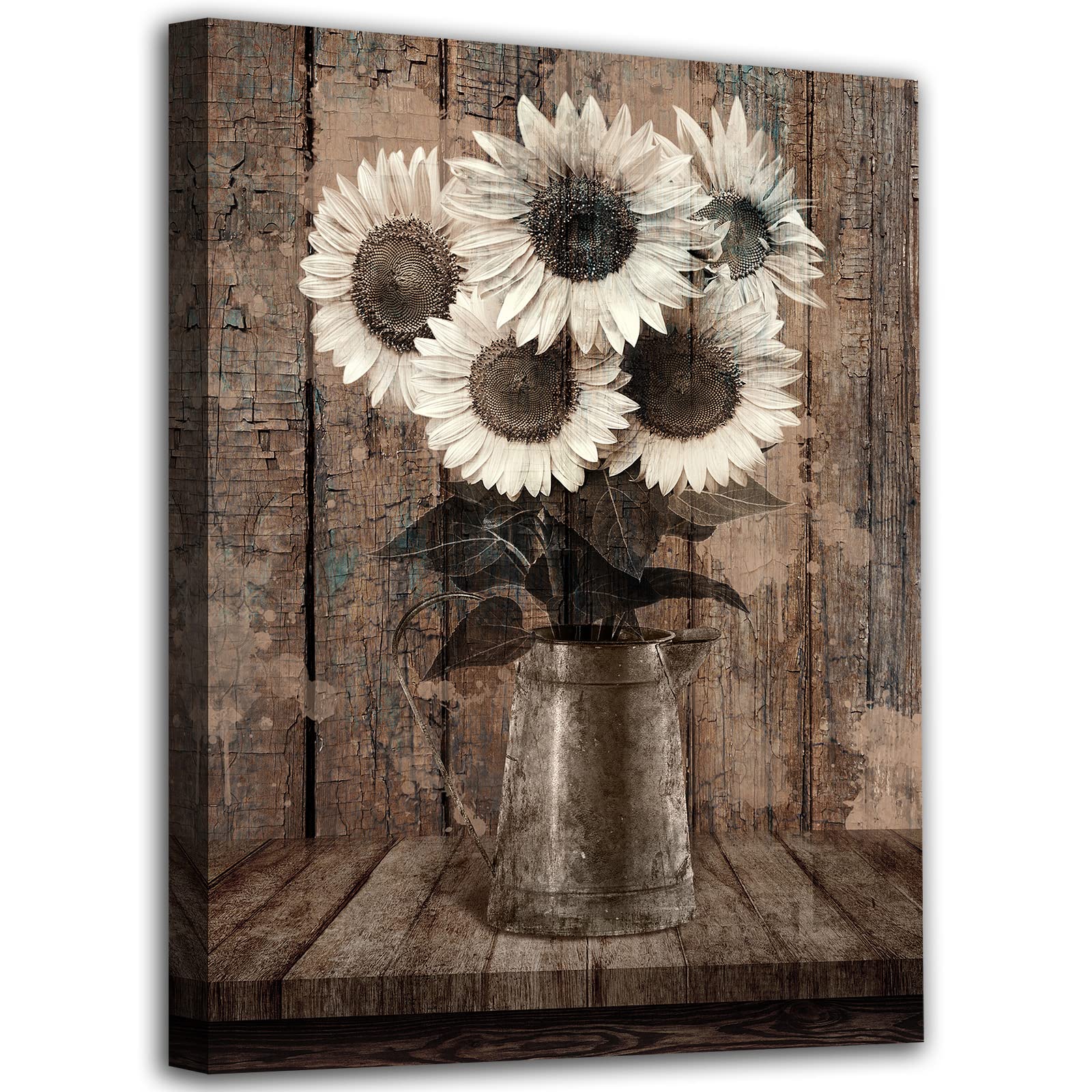 Rustic Sunflowers Canvas Wall Art Farmhouse Flowers Pictures for Bedroom Bathroom Wall Decor Vintage Sunflower Canvas Painting Old Retro Floral Canvas Prints for Home Office Wall Decoration 12" x 16"