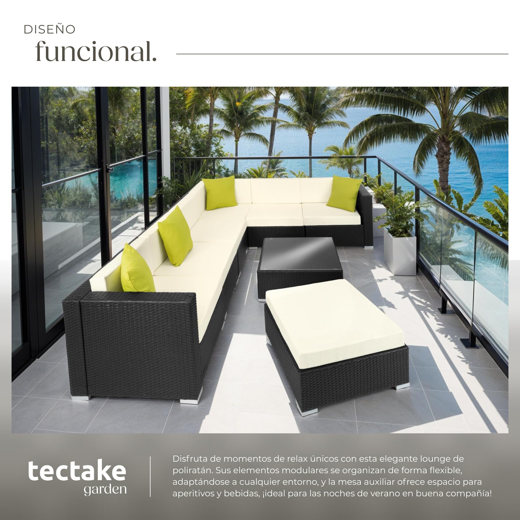 tectake® Conjunto Jardín de Ratán y Aluminio con Cojines (+4 Adicionales), Conjunto Terraza Resistente a la Intemperie y Combinable, Muebles Jardín Exterior 6 Sillones, 1 Puf, 1 Mesa Cristal - Negro
