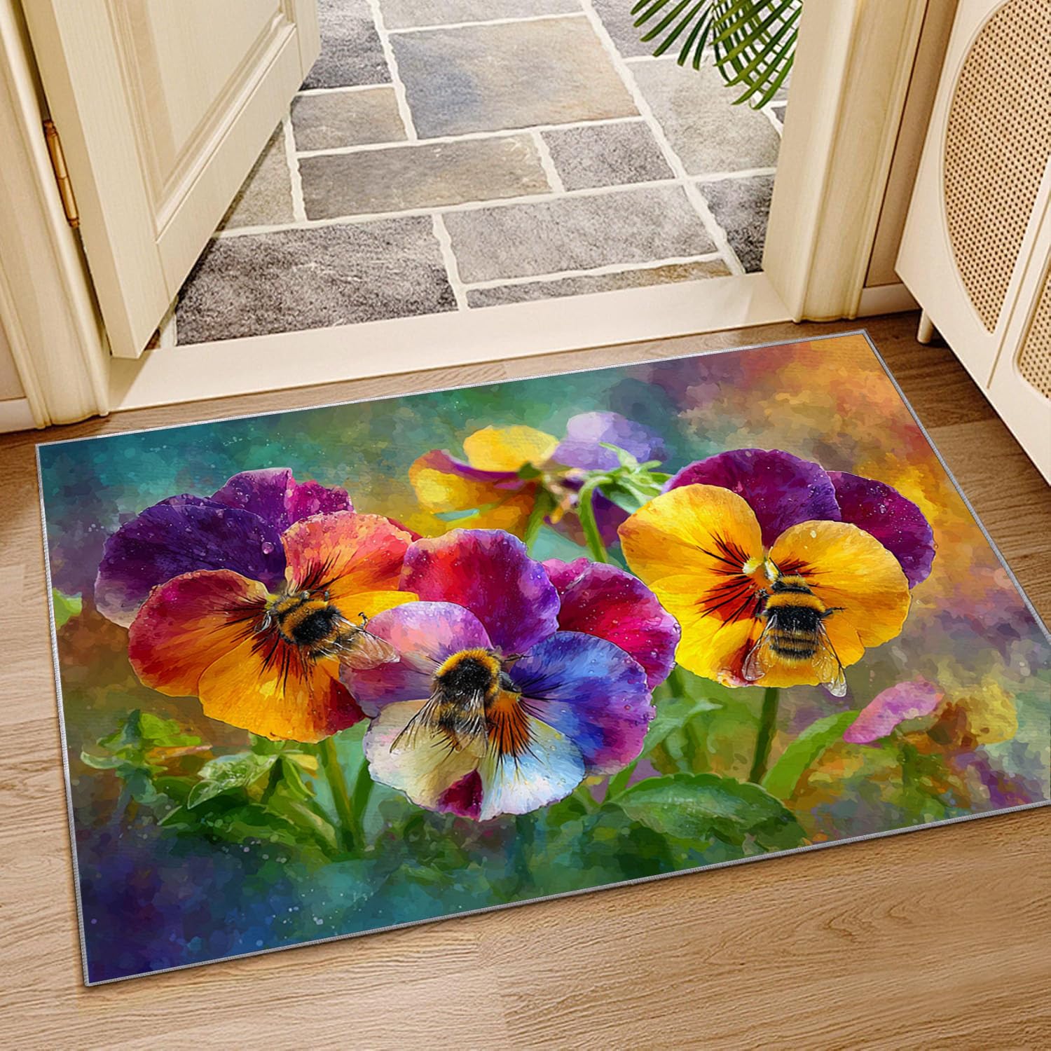 Nowoczesny dywan z geometrycznym wzorem, krótkie włosy kwiaty i pszczoły do salonu, biura, stolika kawowego, łóżka, balkonu (fioletowy-150x240cm
