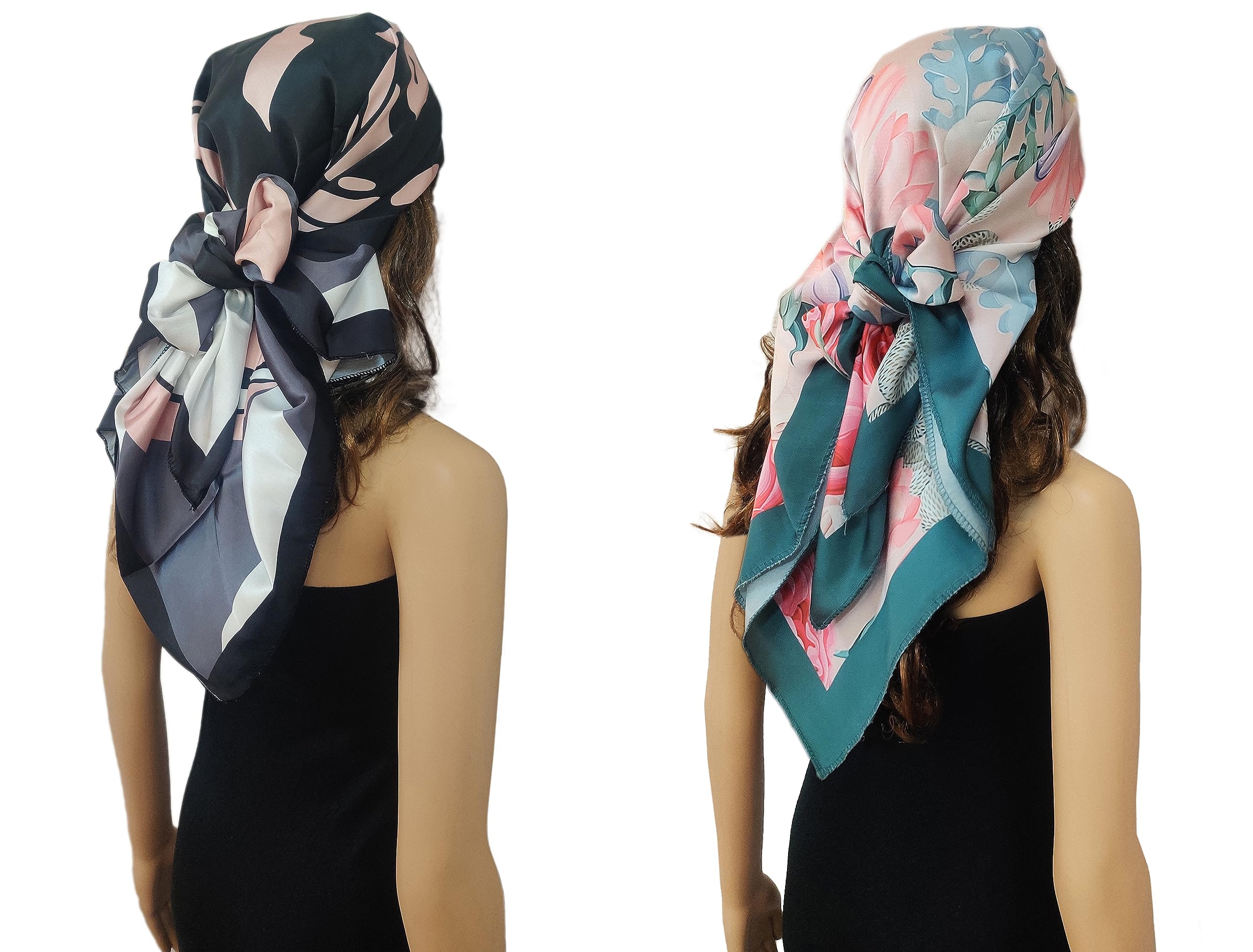 ONE ECHELONSatin Silk Scarf for Women Lightweight Fashion Scarves, Wrap in Print Floral Pattern, Pack of 2 (Floral Teal and Black Rose)