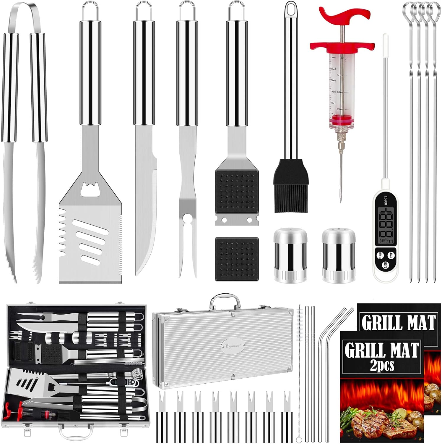 ROMANTICIST 31pcs Stainless Steel Grill Tool Set, Heavy Duty BBQ Grilling Accessories for Men Women, Non-Slip Grill Utensils Kit with Thermometer Mats in Aluminum Case for Outdoor, Camping Silver : Patio, Lawn & Garden