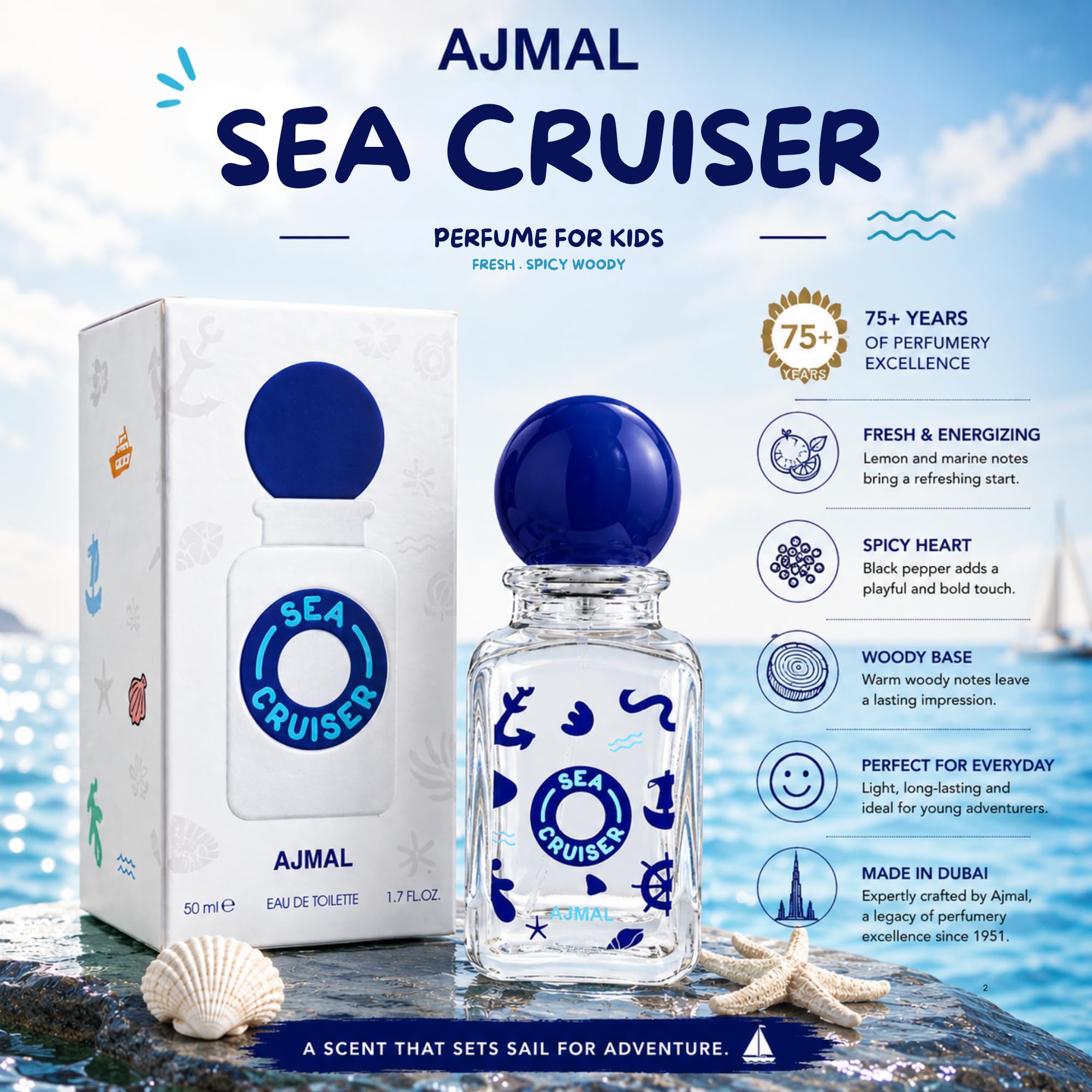 Ajmal SeaCruiser Profumo per ragazzi, 50 ml, fragranza fresca e speziata legnosa con limone e pepe nero, profumo quotidiano per bambini, prodotto a Dubai