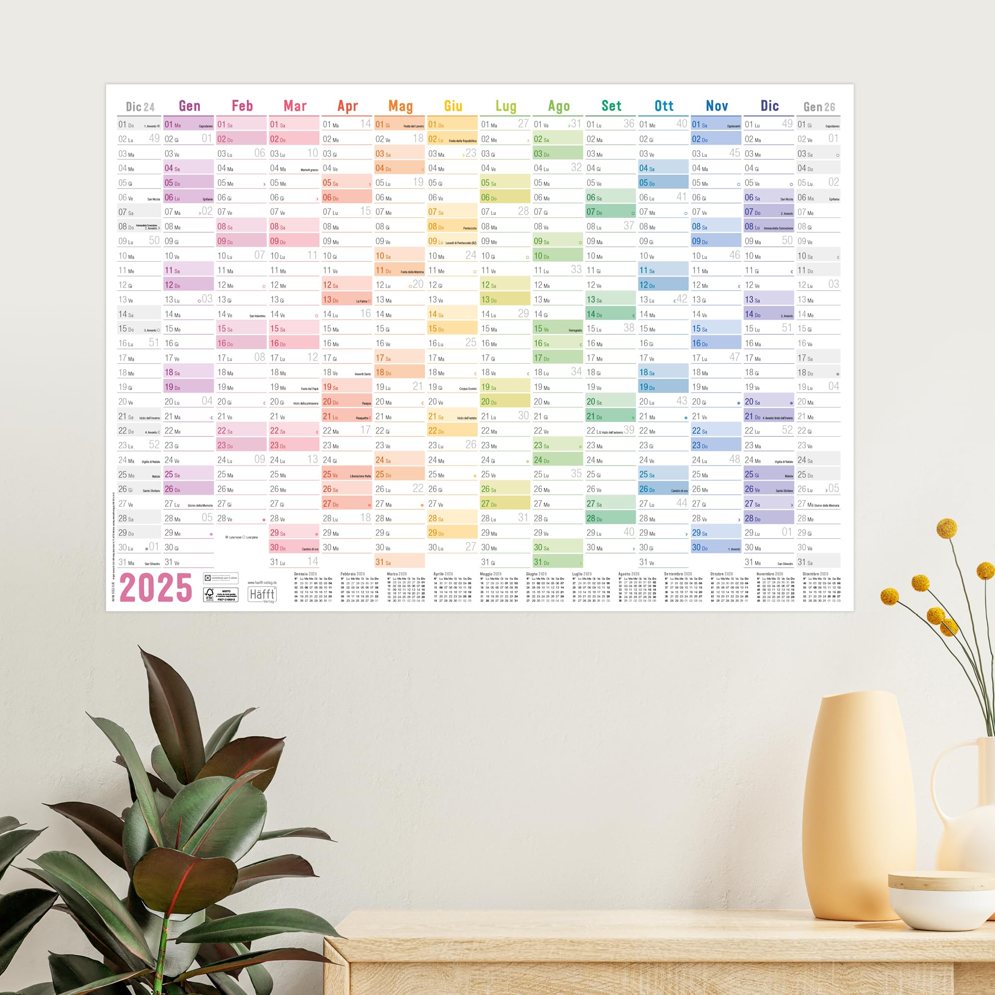 Häfft® Wandkalender 2026 A3 gefalzt (42 x 29,7 cm) Rainbow Wandplaner mit Ferien-Übersicht und Feiertagen gratis A4-Kalender - nachhaltig & klimafreundlich