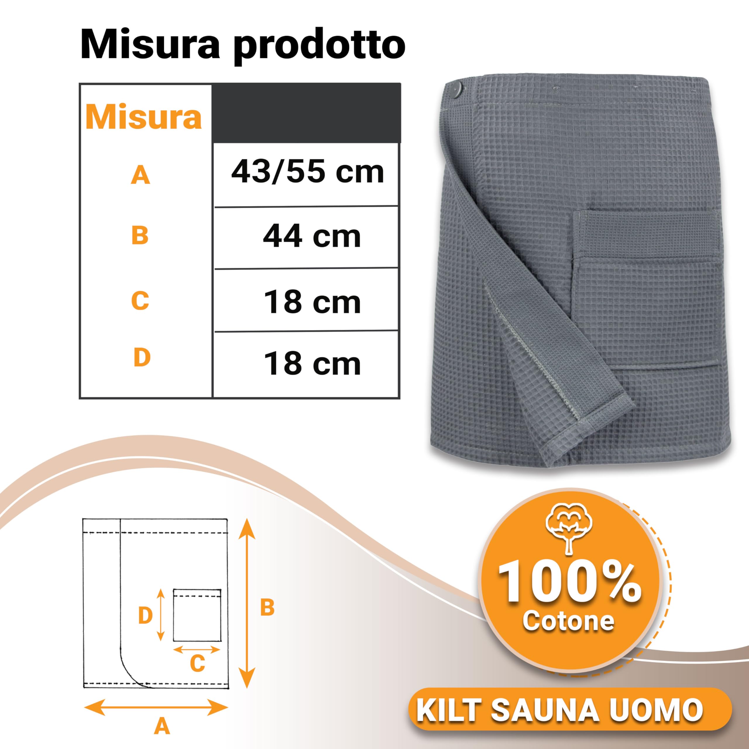 ZOLLNER Kilt grigio da sauna da uomo - Asciugamano sauna in piquè - Cotone - Con elastico e chiusura con bottoni - Tasca con cerniera - lavabile a 60°C - Certificato OEKO TEX