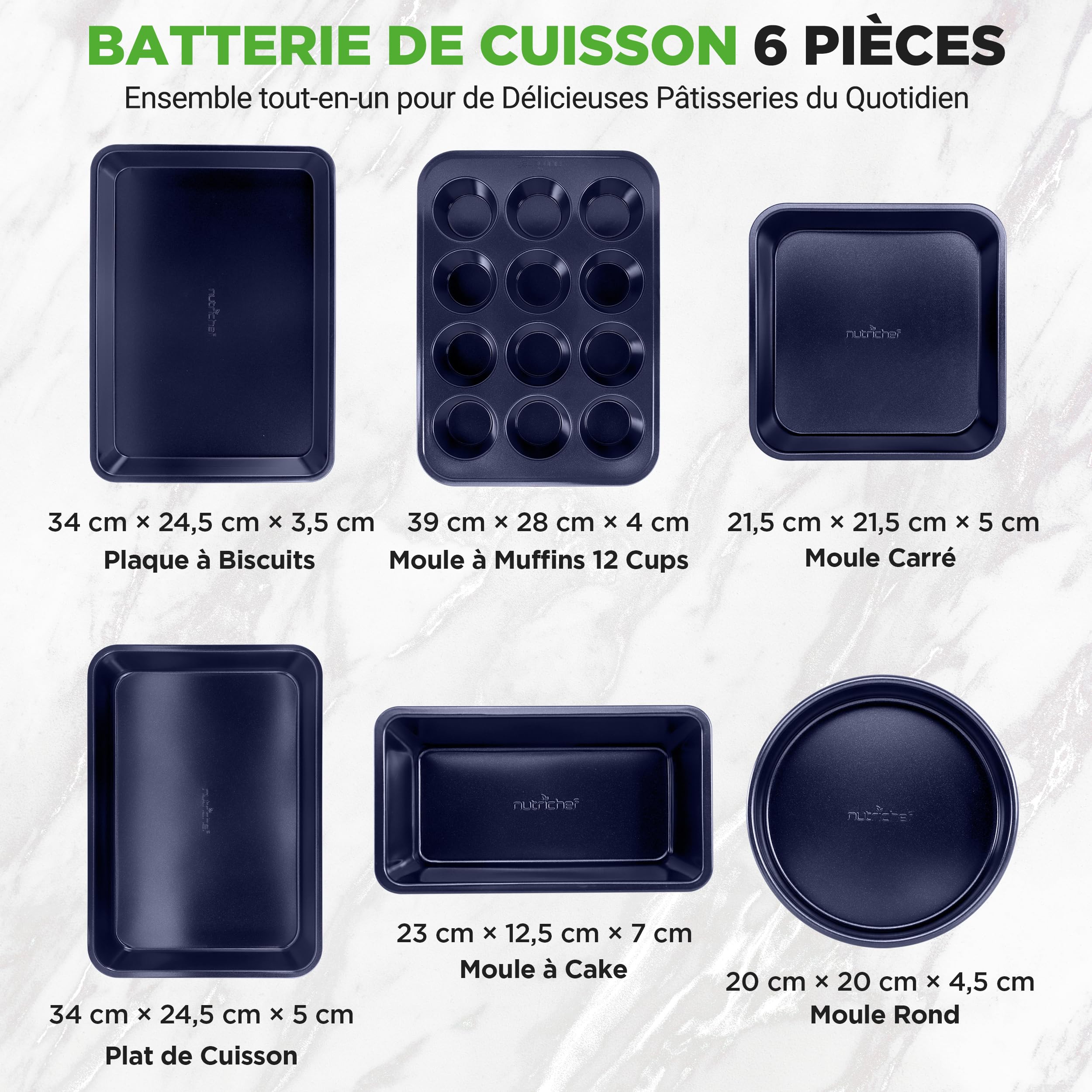 NutriChef set de moules à pâtisserie 6 pièces antiadhésifs – Plaques de cuisson en acier allié avec revêtement diamant, compatibles four jusqu’à 230 °C, couleur bleu diamant