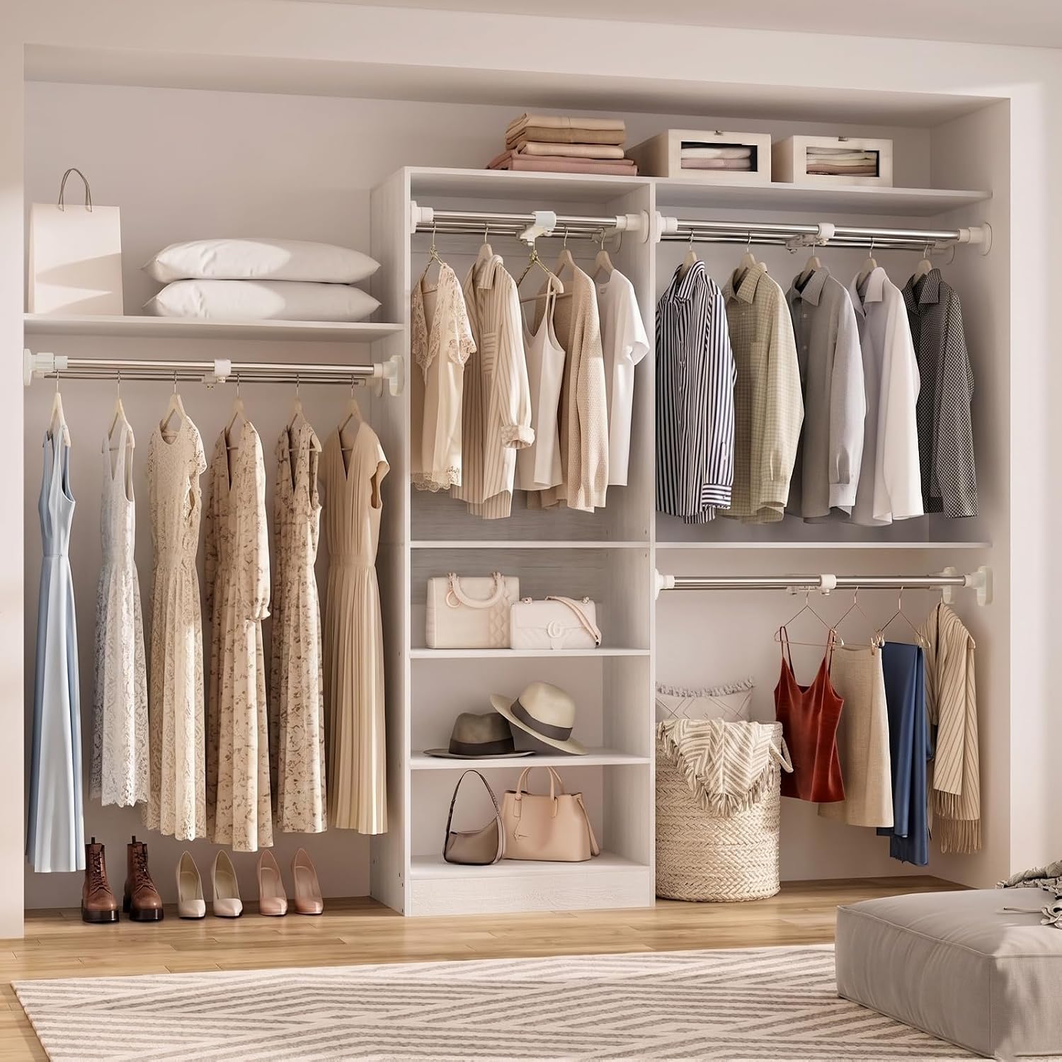 Expandable Closet Tension Shelf, No-Drill Storage Rack Metal Organizer, Adjustable Heavy Duty Shelf System, Space-Saving Divider Separator for Cupboard Wardrobe, Ivory, 23.62-39.37 in