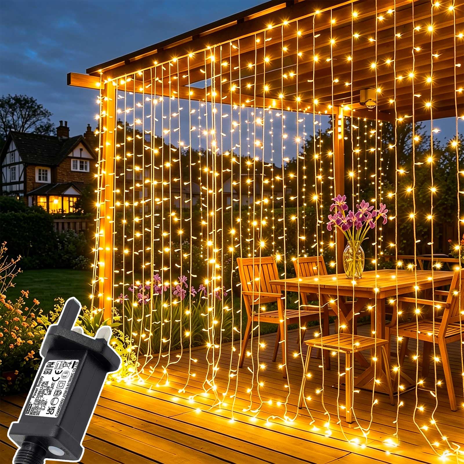 Lichtfam Curtain Lights Outdoor Garden 300 LED 3m x 3m Fairy Lights Mains Powered with Timer, Connectable Waterfall Hanging String Lights for Gazebo Pergola Wedding Party Backdrop Wall Window Decor