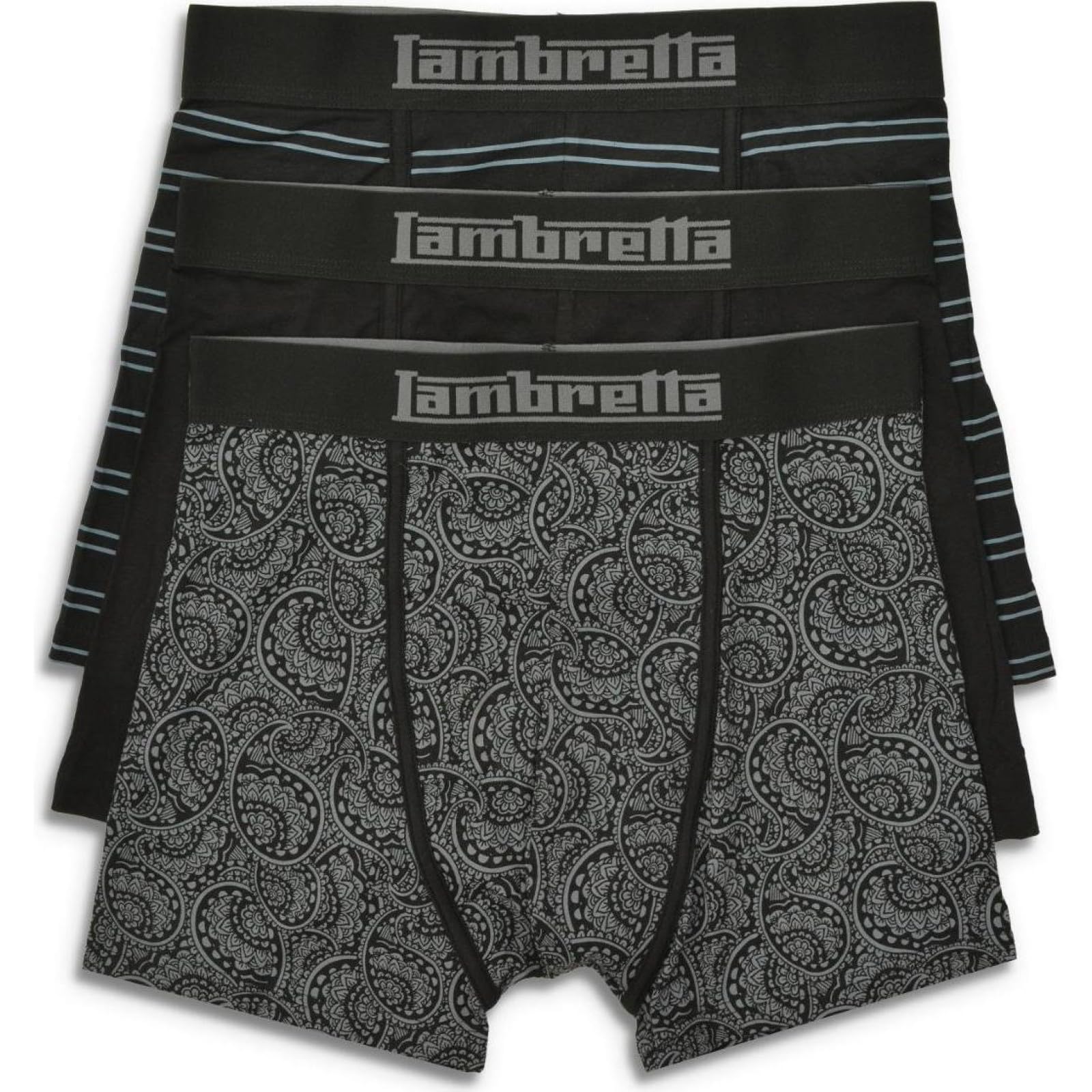 Lambretta Mens 3 Pair Pack of Boxer Shorts (UK, Alpha, L, Regular, Regular, Black/Grey)