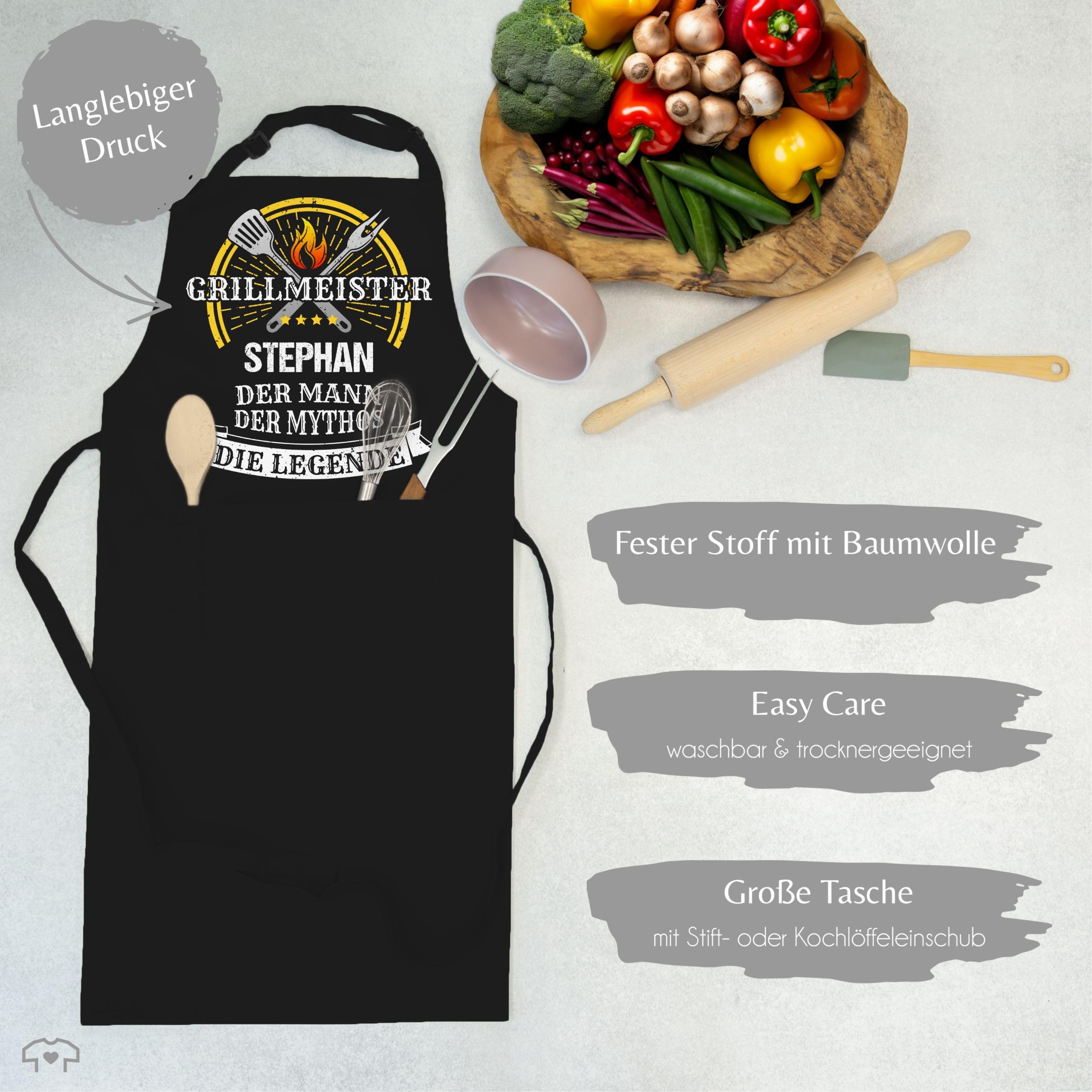 Geschenk mit Namen personalisiert by Shirtracer - Schürze - Grillschürze Herren Männer - Grillmeister Mythos Die Legende mit Name I Vatertag I Geburtstag I Lustig Geschenk Witzig Grillen