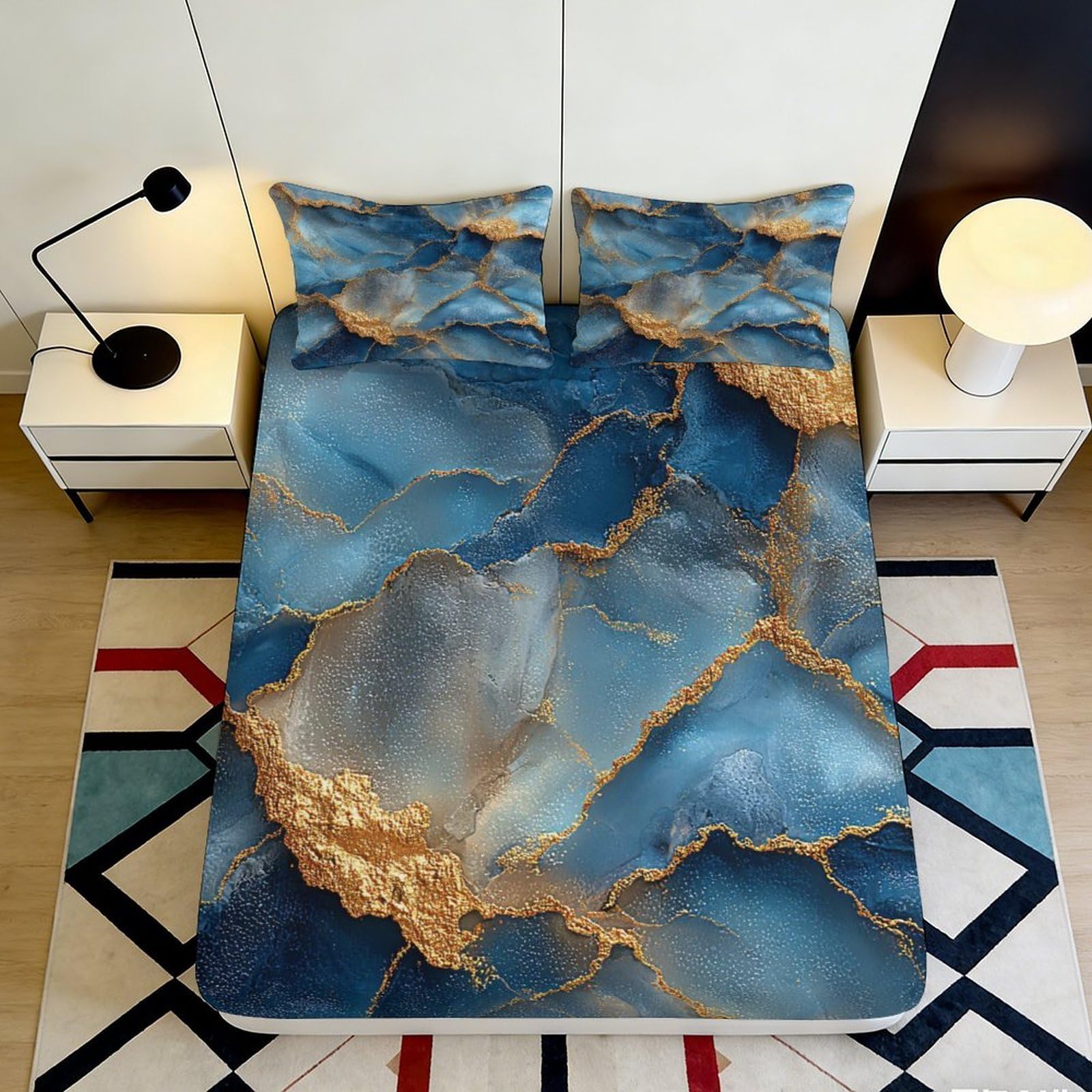 Pnayamiorkfel Style-8 3D Printed Marble Blue Fitted Sheet Microfiber Soft Bedroom Decor Gold Abstract Mattress Cover For Home Dorm 90X200x25cm
