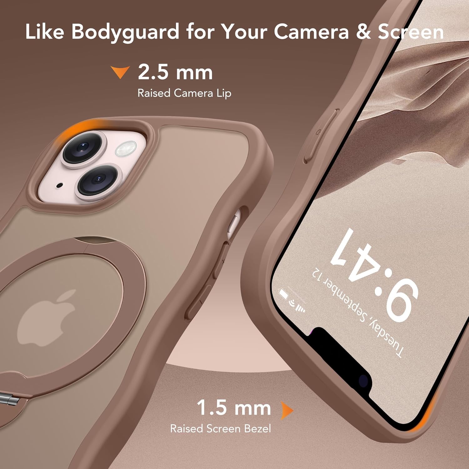 for iPhone 13 Case & iPhone 14 Case for Women,[Compatible with Magsafe][360° Spin Magnetic Stand][Cute Wave Edge][Military-Grade Protection]Translucent Matte Phone case for iPhone 13/14, Brown - Image 7