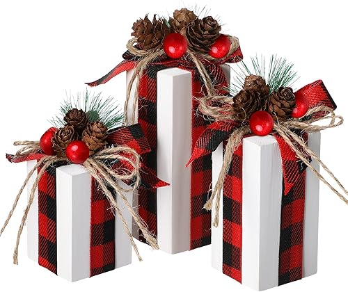 Miniatura 7 de 3 piezas de centros de mesa de Navidad, decoración de mesa de Navidad, regalo sintético, bloques de madera, decoración rústica con lazo a cuadros de