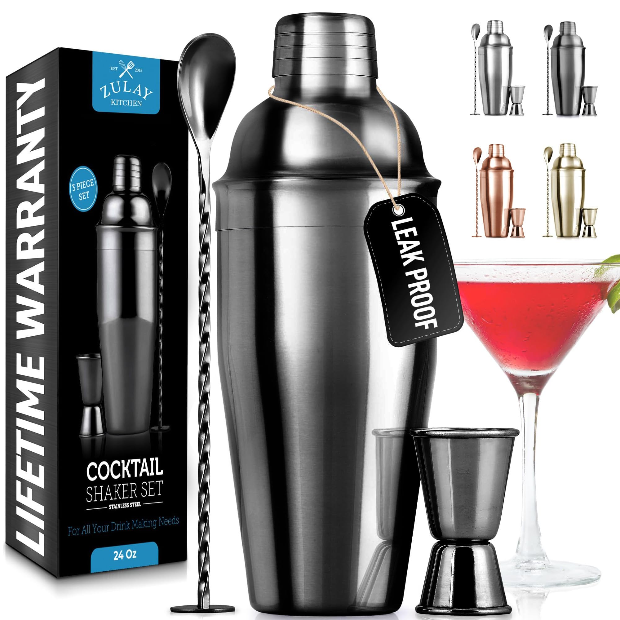 Large 24 oz Stainless Steel Cocktail Shaker Set - Mixed Drink Shaker - Martini Shaker Set with Built in Strainer, Double Sided Jigger & Combo Muddler Mixing Spoon - Pro Margarita Shaker - By Zulay