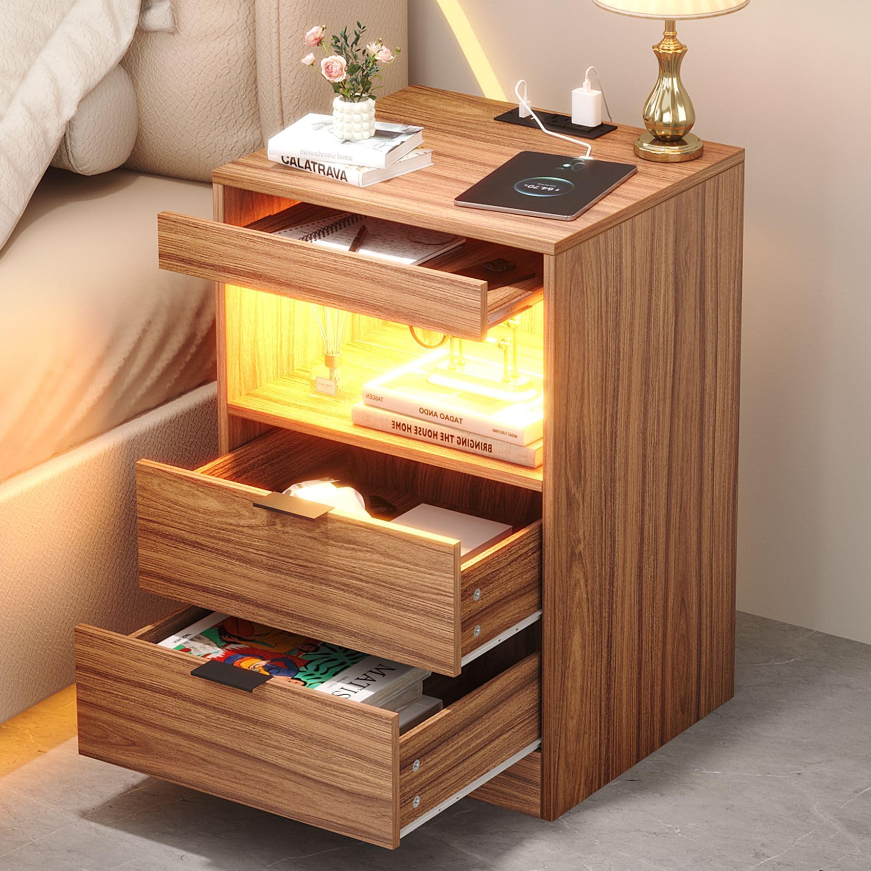 Yusong Night Stand, Bedside Table, LED Nightstand with Charging Station, Modern Night Stand, Wood Sofa Couch End Side Table with 2 Pull-Out Shelf, Brown