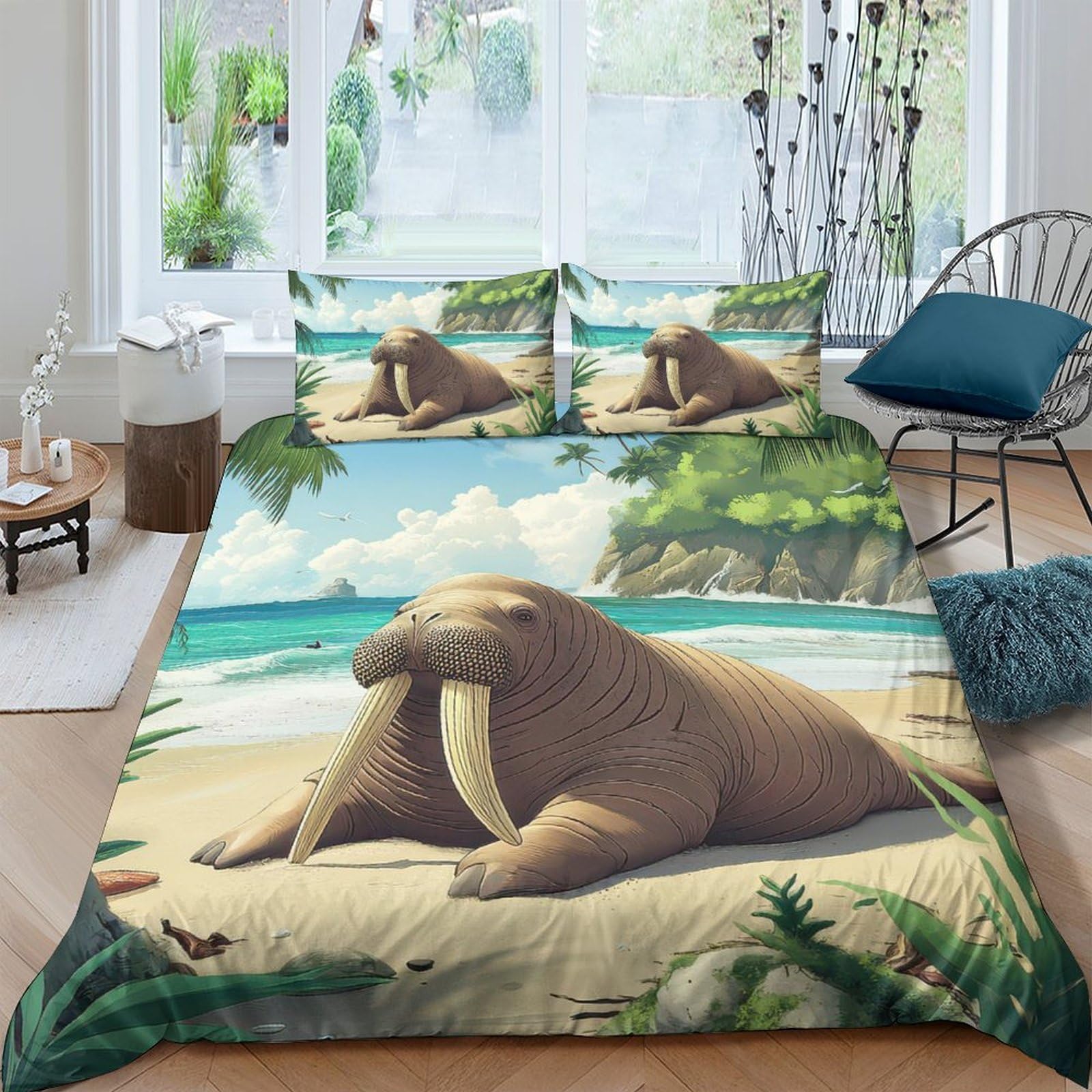 Ctjqhvkz Style-7 3D Printed Walrus Beach Fitted Sheet Microfiber Soft Breathable Tropical Island Mattress Cover For Bedroom Decor Single（135X200cm）