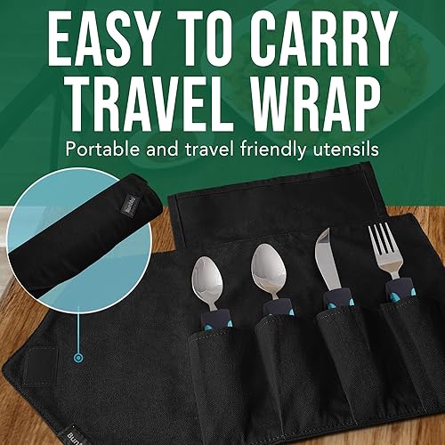 Vista 7 de BUNMO Utensilios adaptativos para ancianos, artritis, agarre débil, temblores y discapacitados, práctica bolsa de viaje, ligera de 3.35 onzas, acero