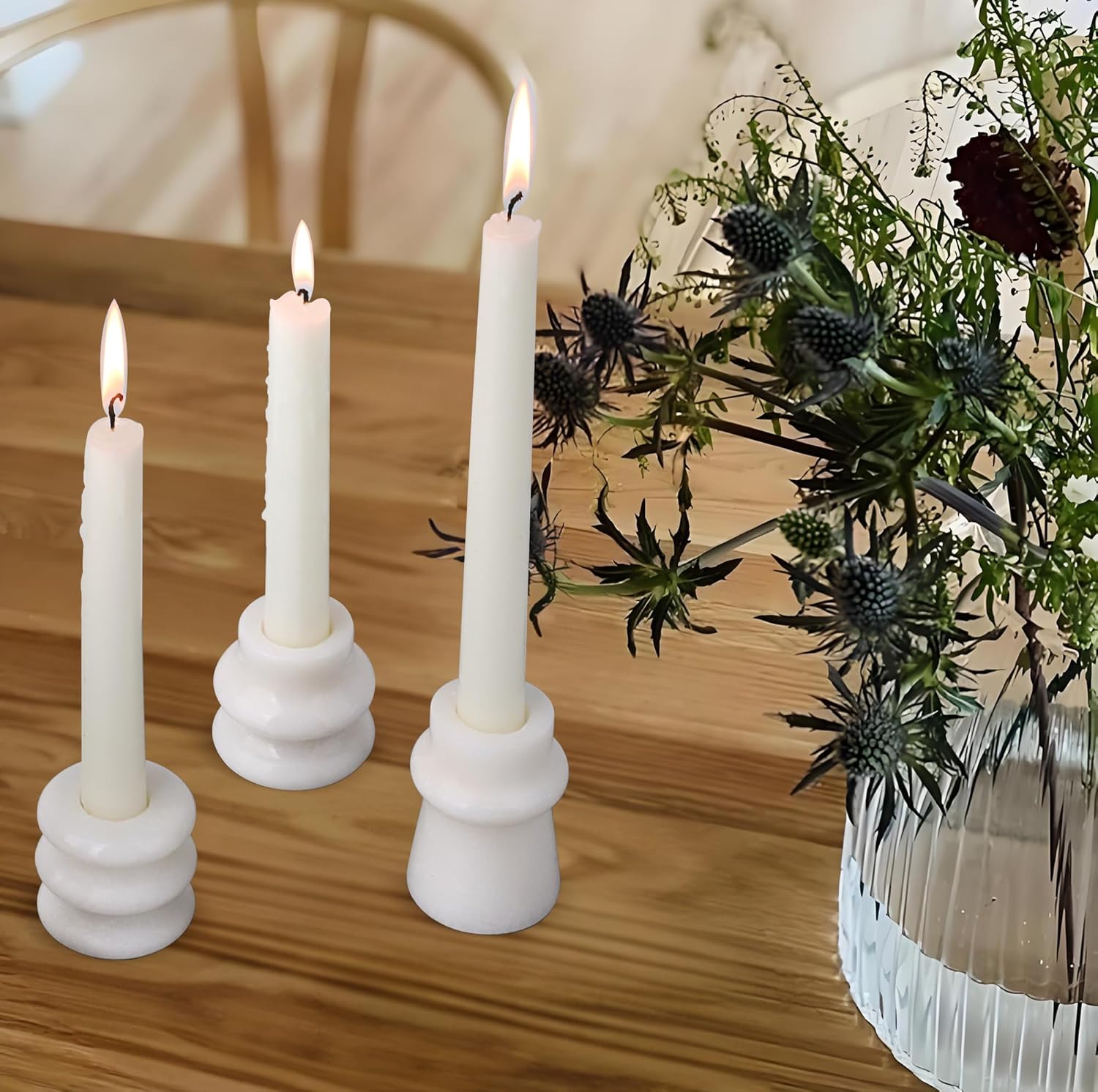 Vixdonos Marble Candle Holder Set of 3 Taper Candle Candlestick Mantle Candle Stand for Home Decor,Wedding,Party and Table Centerpieces(White)