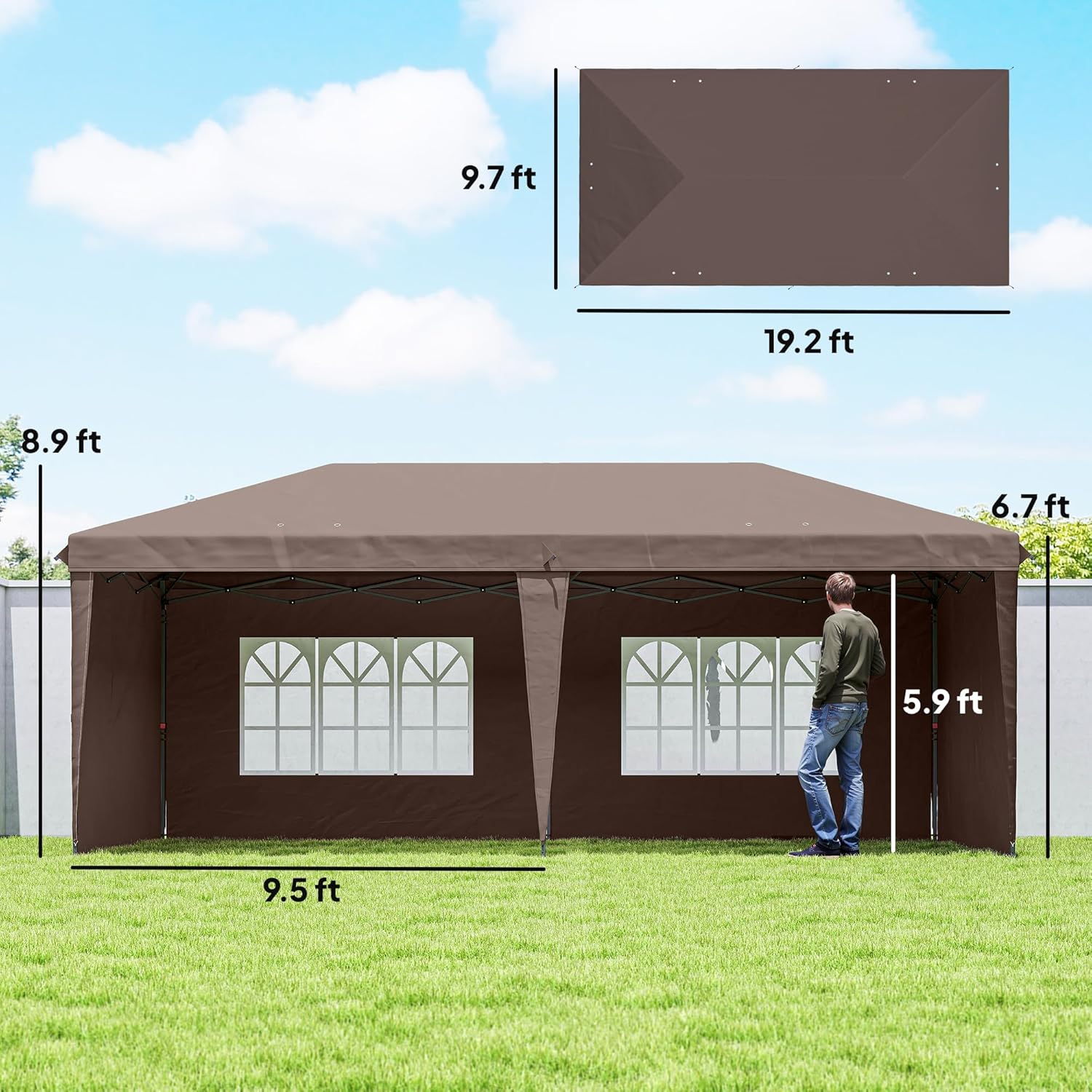 Diagram showing various methods to secure the tent: guy ropes, spiral ground stakes, and ground stakes.