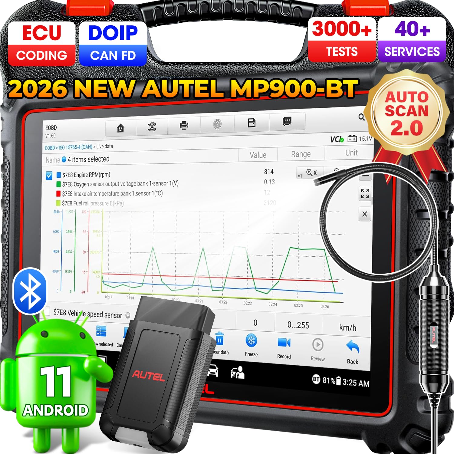 MaxiPRO MP900-BT Scanner w/ $60 MV108S | 2026 MP900BT Up of MP900Z-BT MP900 MP808BT PRO w/DoIP CAN FD, ECU C0ding, 40+ Service, 3K+ Test, OS11, FCA SGW, Alternative to MS906 PRO MS906 MAX MK908