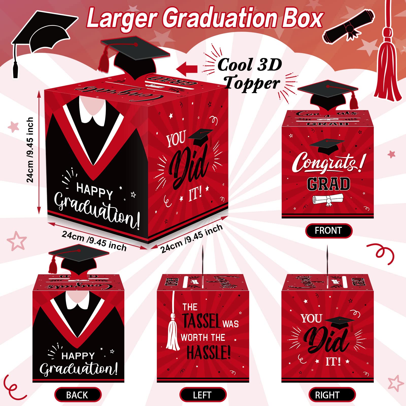 Funrous Large 2025 Red and Black Graduation Card Box with 30 Pcs Advice Card Gift Money Box Congrats Grad 3D Cap Top Holder Class of 2025 Party Decorations College Graduation Supplies
