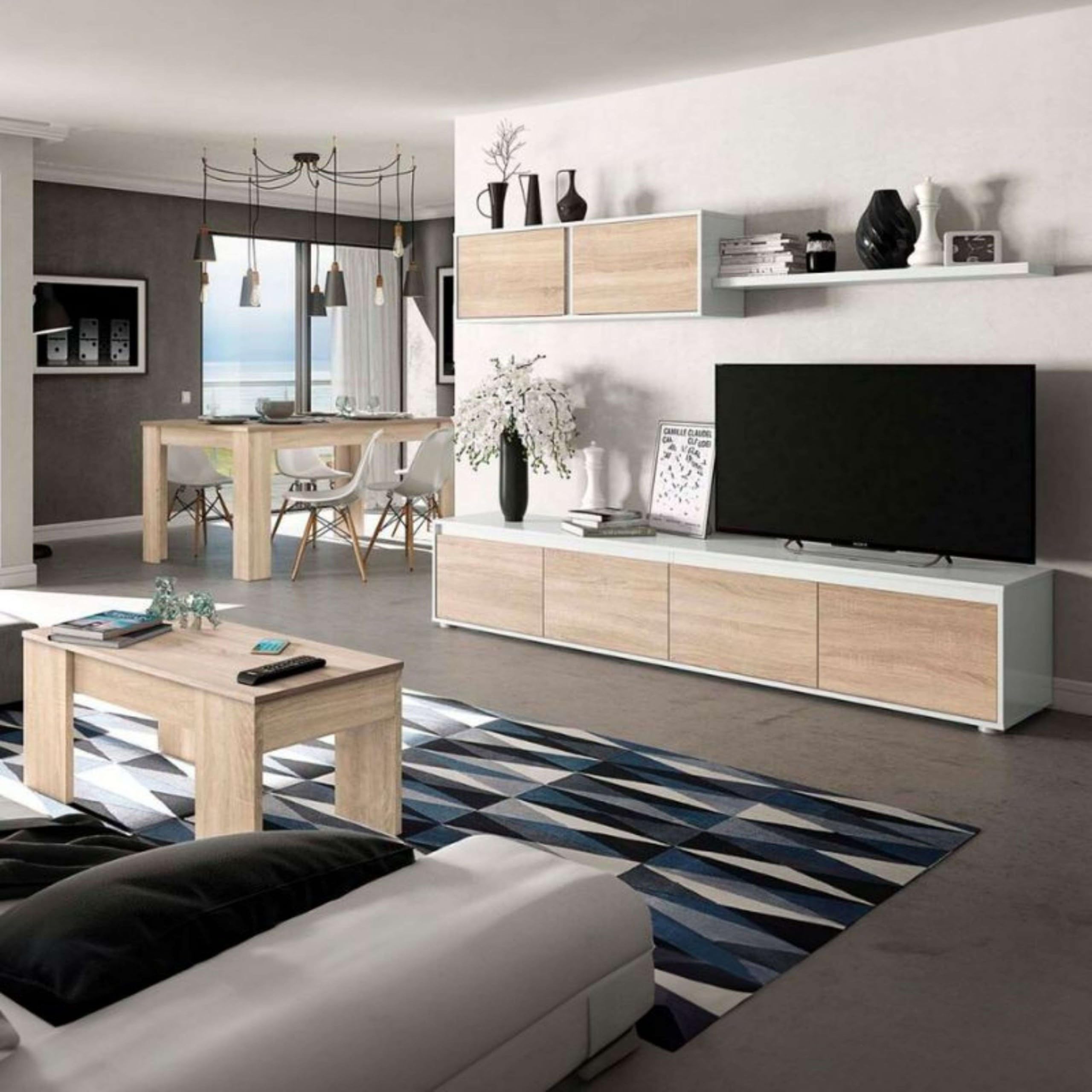 Miroytengo Pack de Muebles de Salón Estilo Nórdico en Color Blanco y Roble Claro con Modulo de TV, Mesa de Centro y Mesa de Comedor