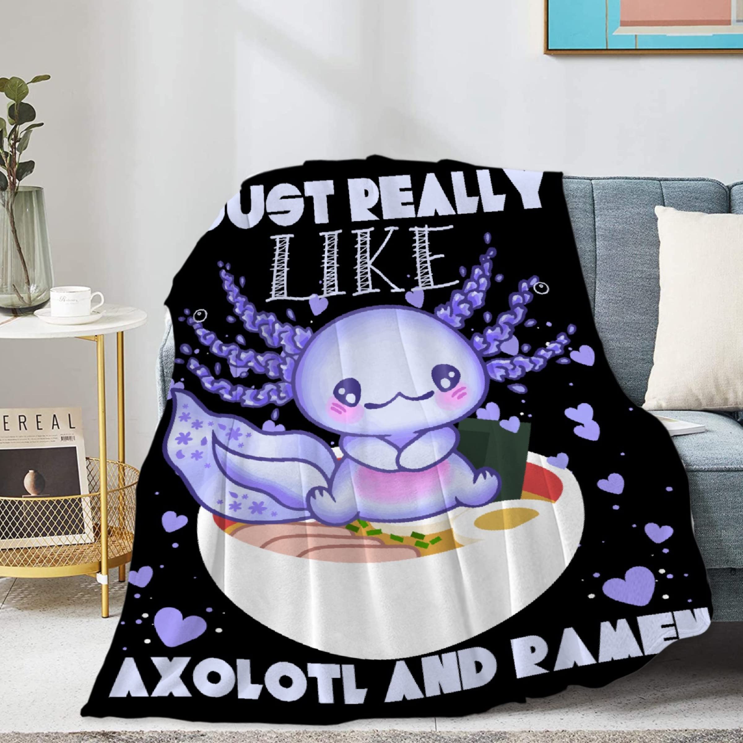 Homiehug I Just Really Like Axolotl and Ramen Soft Blanket Flannel Cozy Fuzzy Cute Animal Throws for Nap Bed Couch Home Decor Tapestries Child Gifts All-Seasons 90