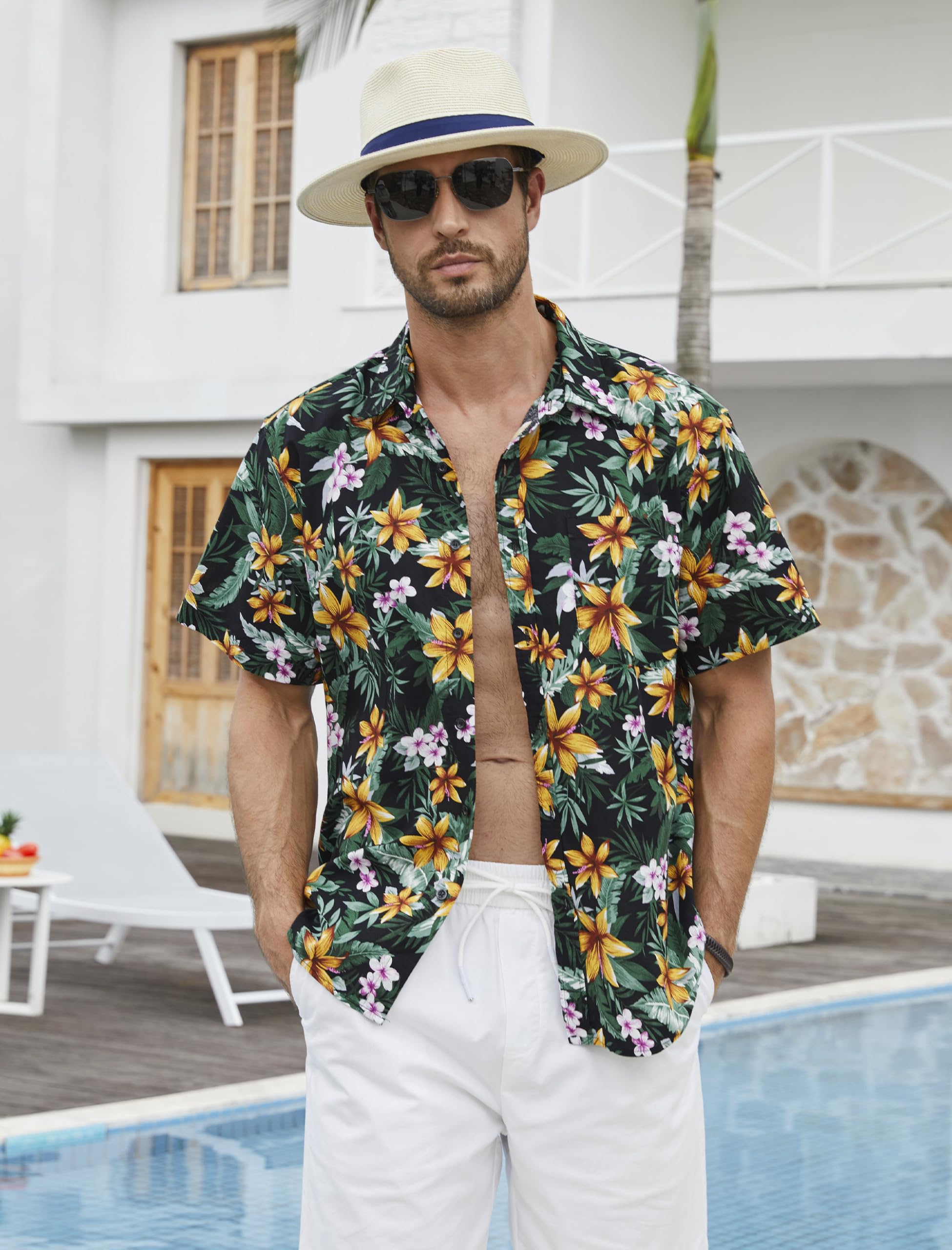 HISDERN Camisa Aloha Hawaiana Manga Corta Bolsillo Delantero Impreso Playa S-2XL