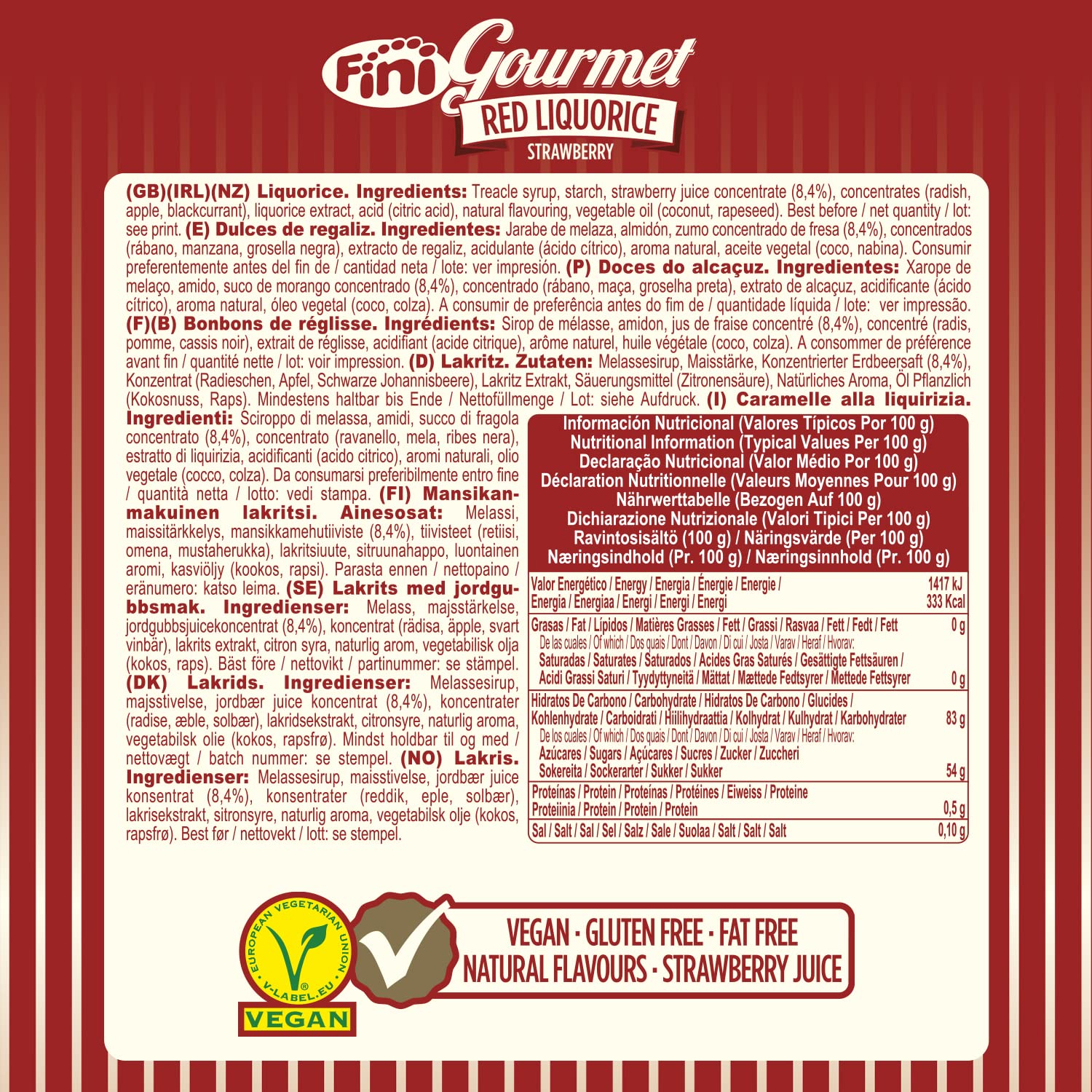 Fini Regaliz Fresa Gourmet Red Liquorice Vegano Sin Gluten 180 gr