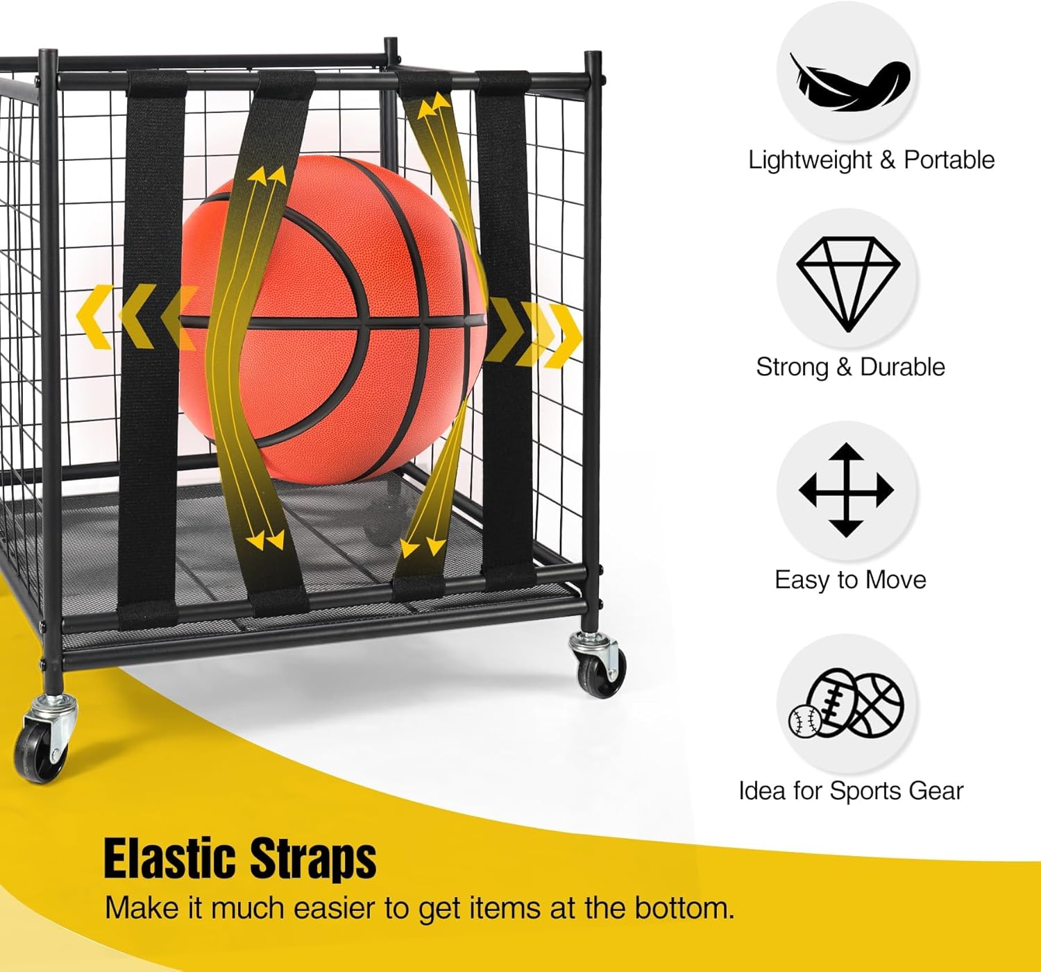 RedSwing Ball Storage Bin Rolling Sports Ball Cart, Metal Garage Sports Equipment Organizer with Elastic Straps,Volleyball Softball Basketball Cage Storage Rack for Garage Playgroup Gym School