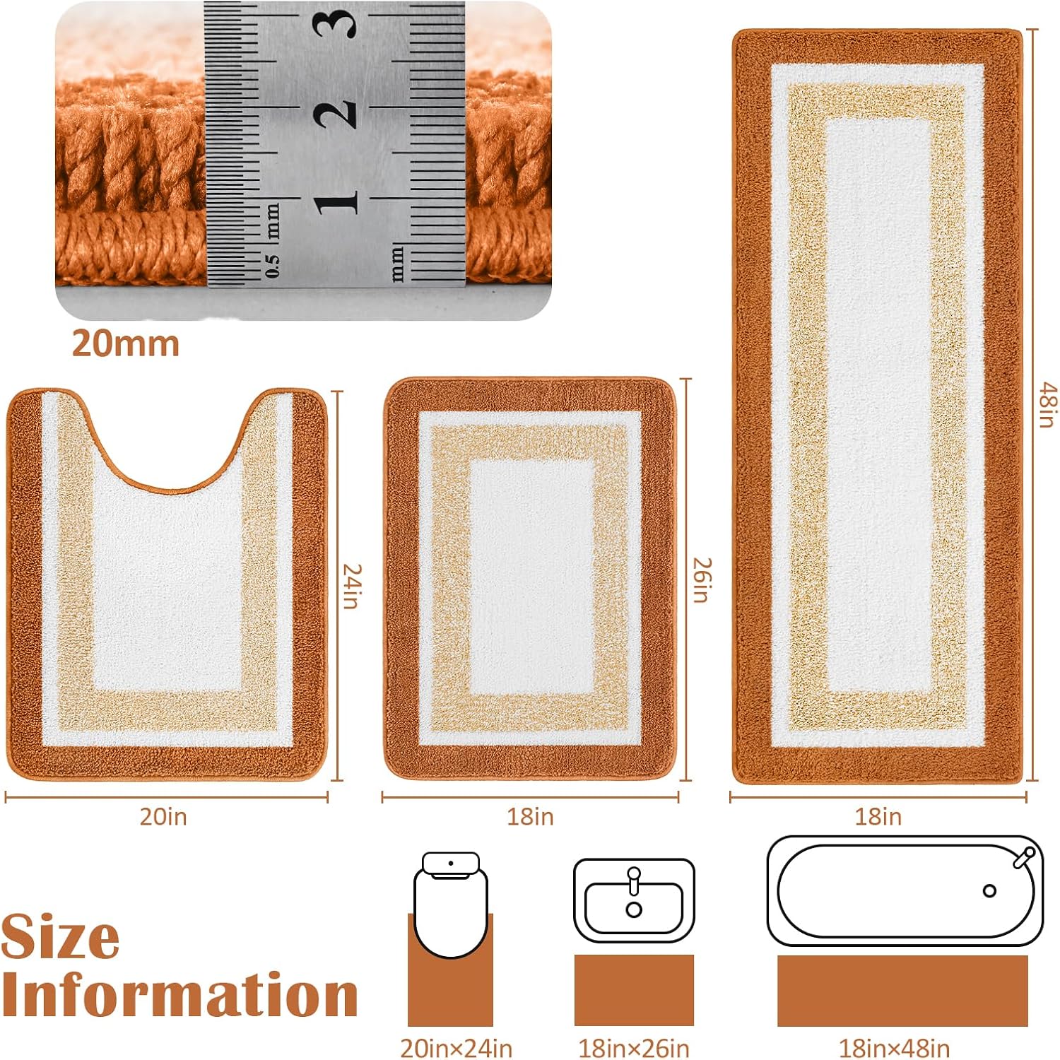 Yinhua Fall Bathroom Rugs Sets 3 Piece, Modern Absorbent Bathroom Rugs Non Slip Washable Bath Mat Soft, Shower Rug U Shaped Toilet Mats for Floor, Home Decor, Orange