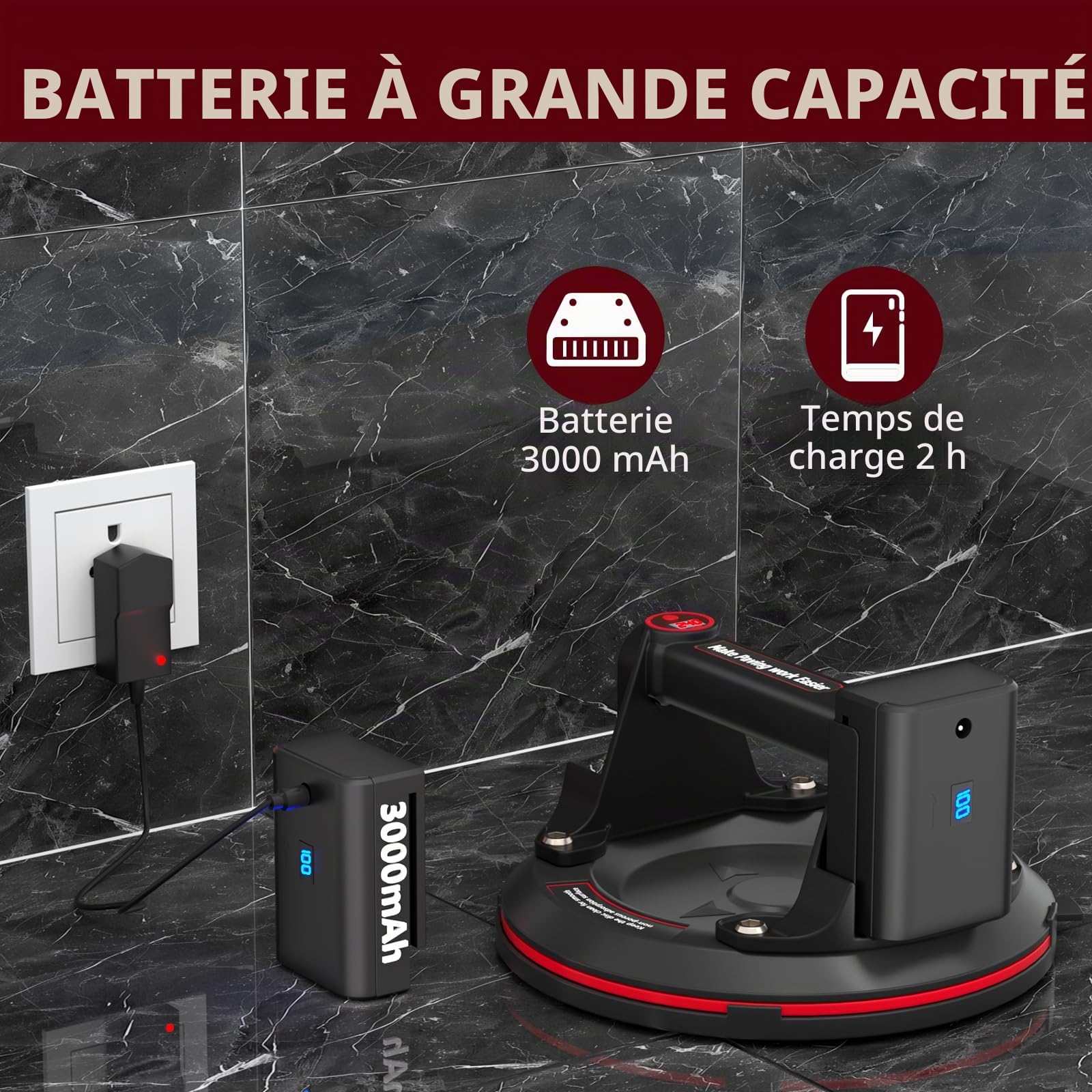 Ventouse Carrelage Electrique, 8" Ventouse Vitre avec Écran LCD, Batterie 3000 mAh, Valise Portable, Industriel à Ventouses en Verre pour Soulever de Vitre,Carrelage,Meubles, Charge 270 KG (2 Pièces)