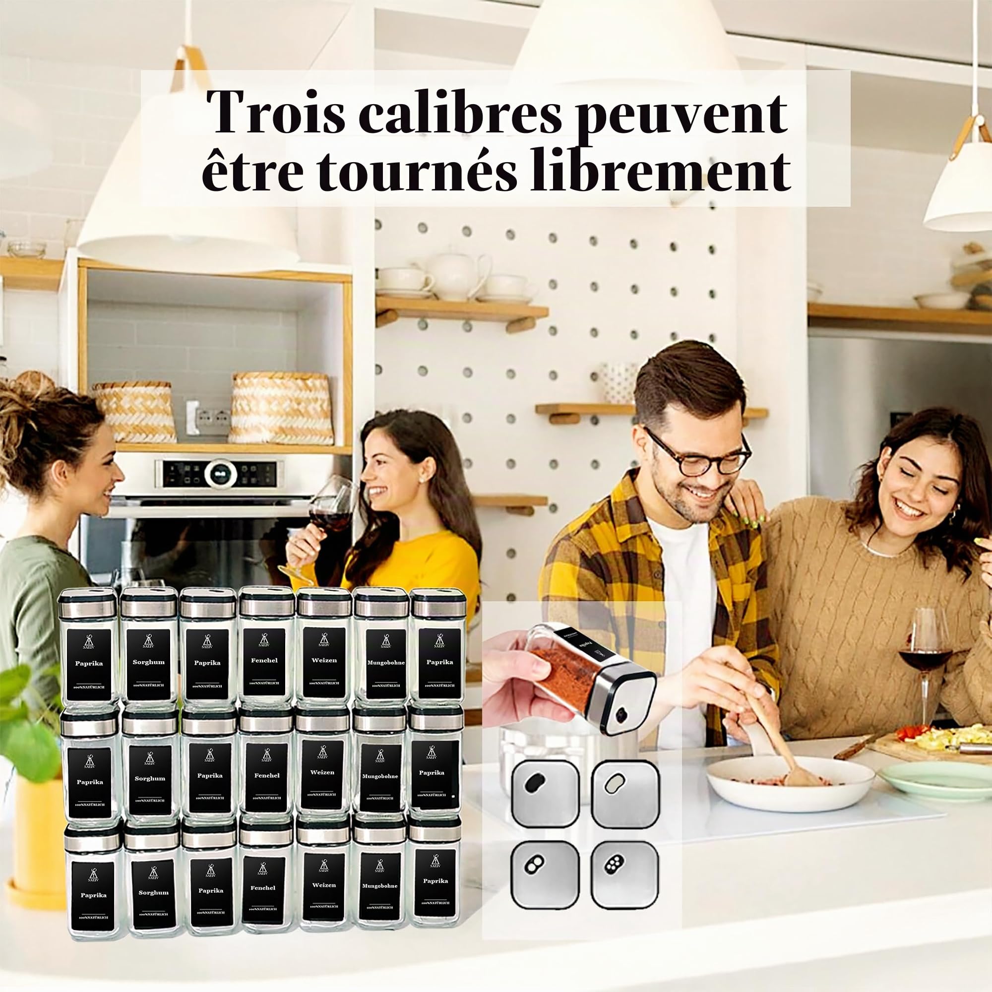 SAEIV Lot de 24 pots à épices en verre rotatif à 360° - Trois calibres - Réglable librement - 24 pots à épices avec étiquettes à épices - Organisation parfaite pour la cuisine - Boîtes à épices en