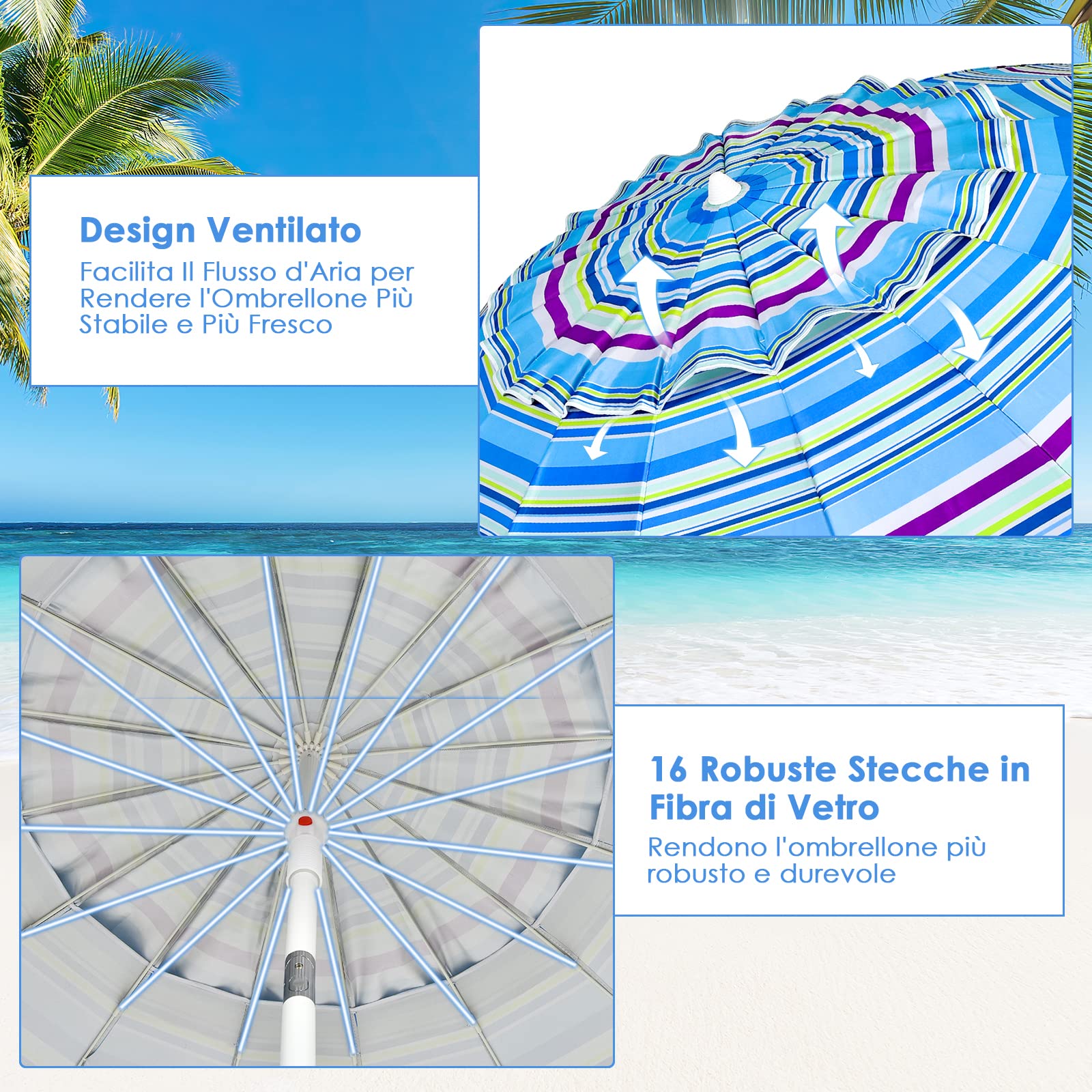 RELAX4LIFE Ombrellone da Spiaggia e Esterno 2,43M, Tettuccio Inclinabile, Protezione Solare UV50+, Telaio a 16 Stecche in Fibra di Vetro, Base non Inclusa, per Mare/Giardino/Campeggio (Righe Fini)