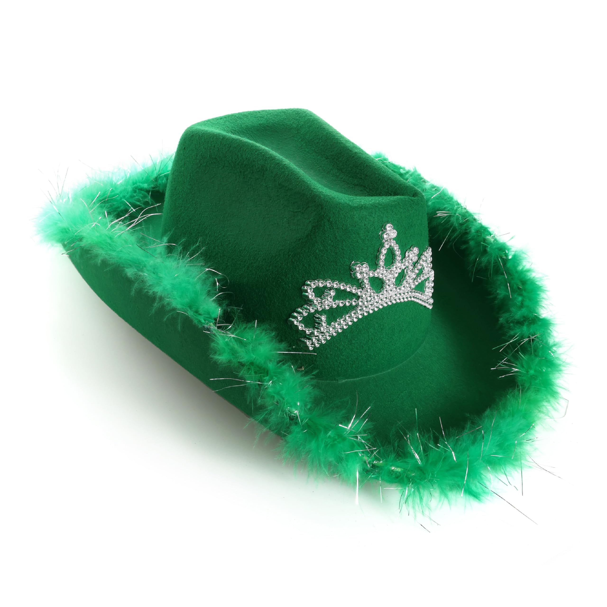Green Tiara Cowgirl Hats - Pack of 6 - Green Cowgirl Hat with Marabou Trim and Tiara Decoration - Adults Festival Music Fancy Dress Accessory