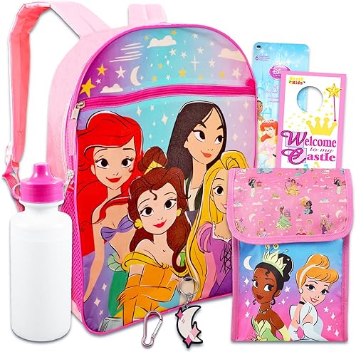Mochila de princesa Disney con juego de lonchera – Paquete con mochila de 16 pulgadas, bolsa de almuerzo, botella de agua, más | Suministros