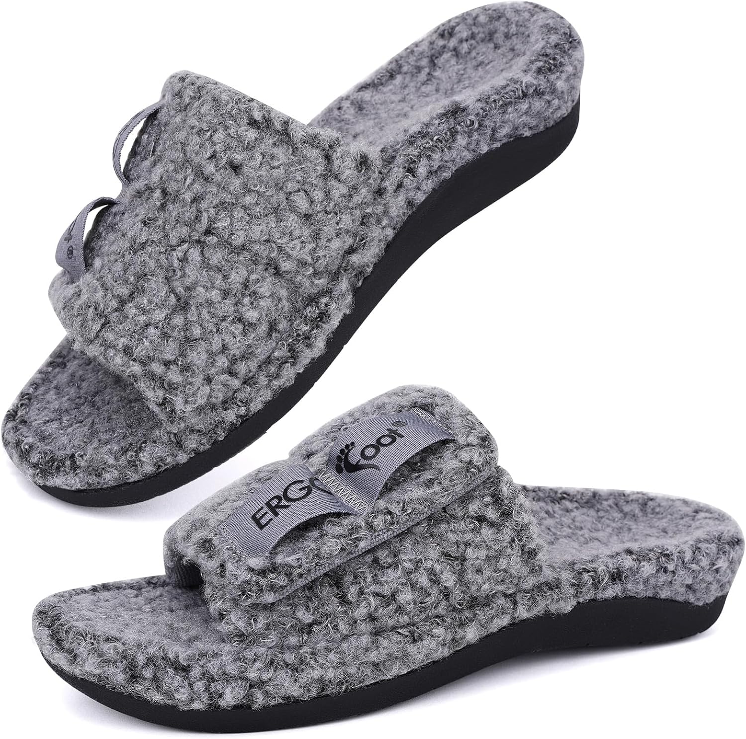 ERGOfoot Fuzzy House Slippers with Arch Support for Women Men, Orthopedic Slide Slippers for Plantar Fasciitis Open Toe Indoor House Shoes with Adjustable Straps, Foot Pain Relief