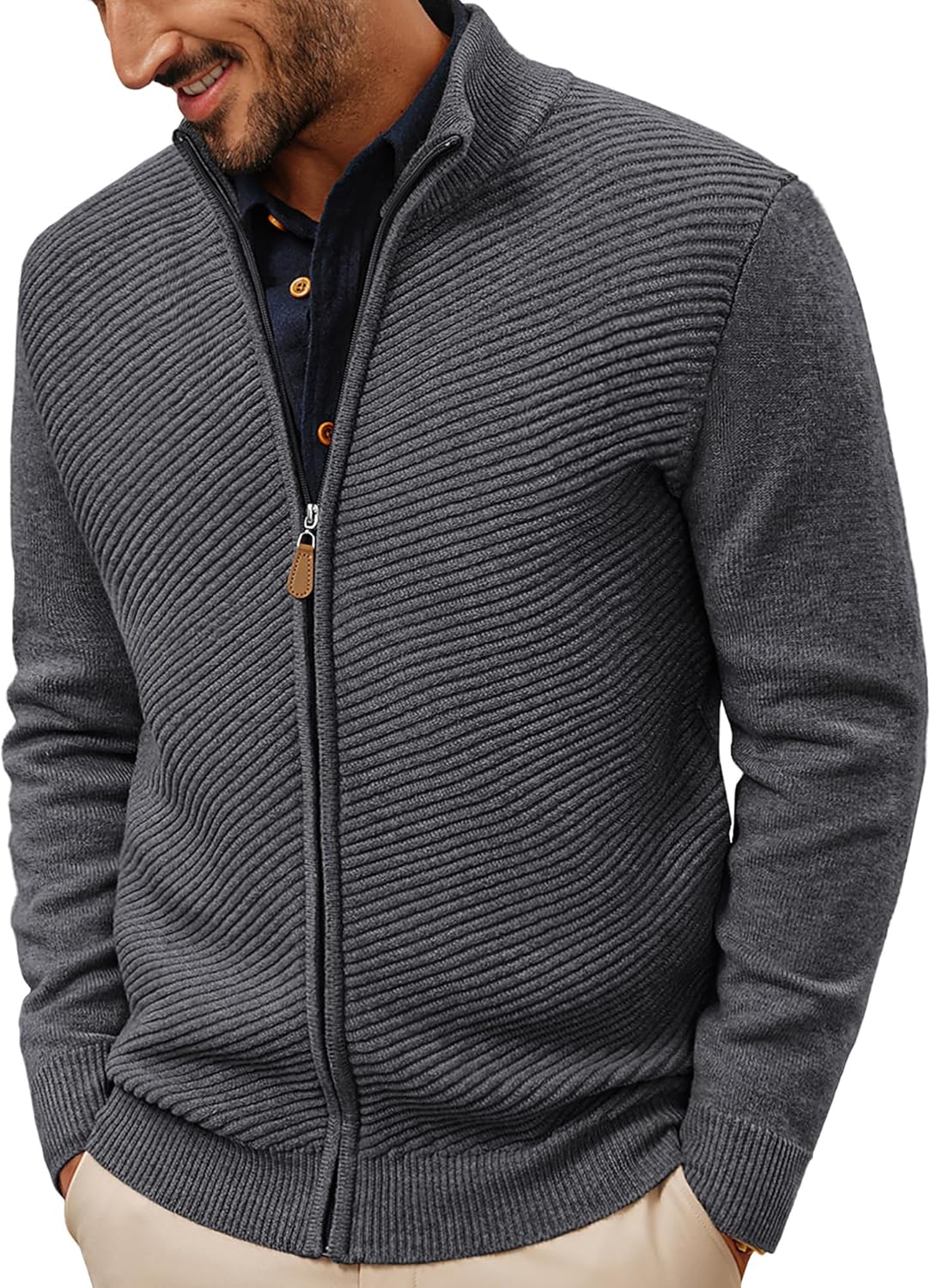PJ PAUL JONES Heren volledige ritssluiting vest casual staande kraag geribbeld gebreid vest truien, wijnrood, M