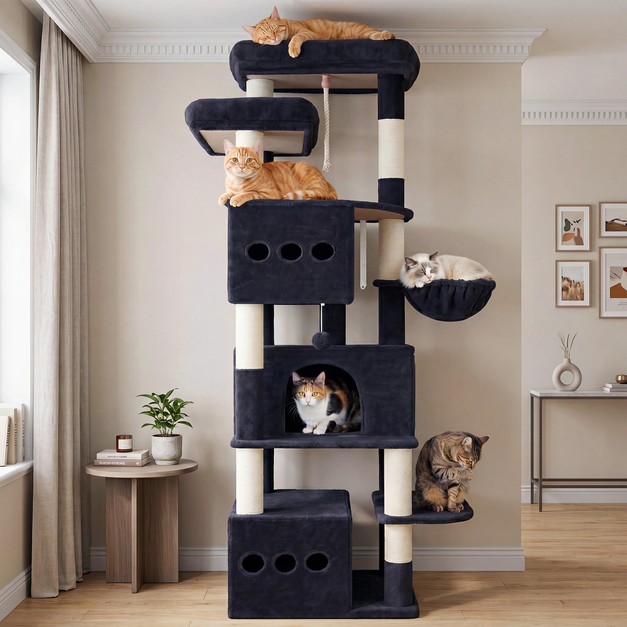 Gitelsnour Arbre à Chat XXL Hauteur 182 cm, Tour à Chat Stable pour Grands Chats avec 3 Niches Spacieuses, 2 Plateformes Supérieures, Panier Confortable, Poteaux Sisal et Jouets, Gris Foncé GCT800G