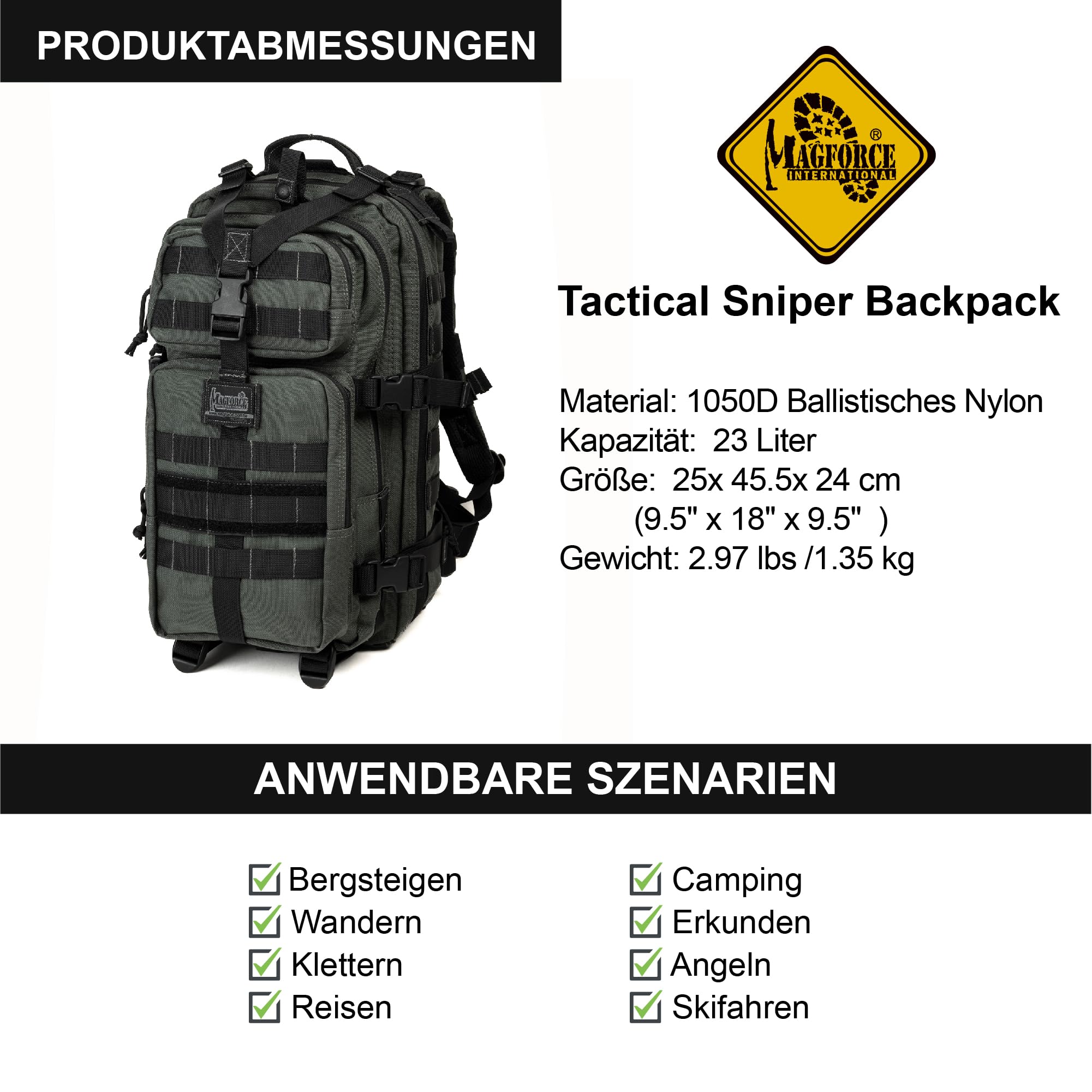Magforce Mochila táctica de francotirador, 23 L, compacta, militar, con compartimento para portátil, mochila ligera de nailon balístico para exteriores, senderismo y viajes