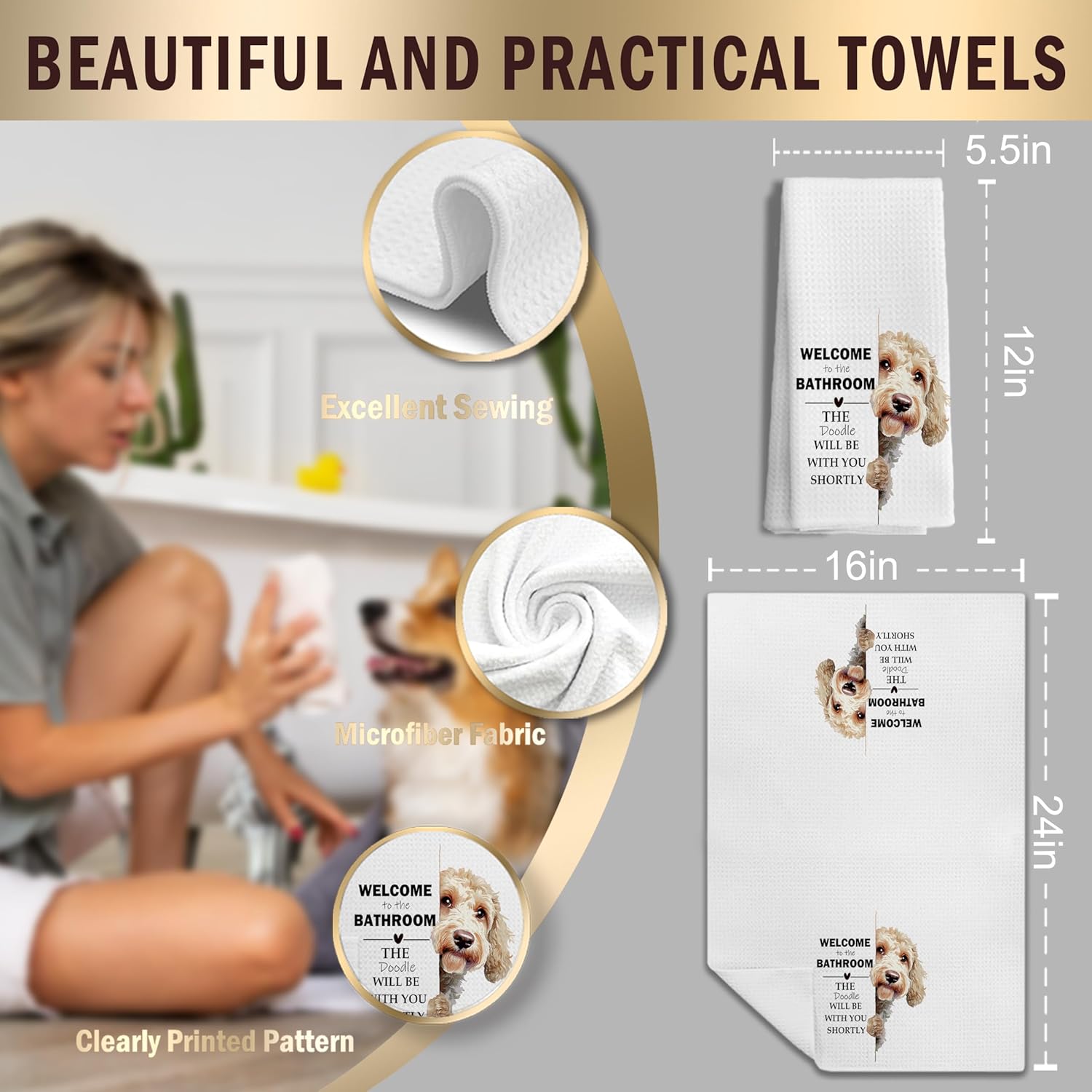 LUKIPOM281 Funny Goldendoodle Gifts Hand Towels, You Will Never Pee Alone Funny Bathroom Hand Towels, Goldendoodle Dog Bathroom Decor, 24x16Inches - Image 2