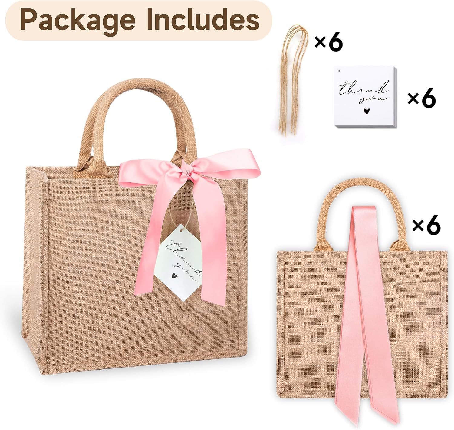 6 Pack Burlap Tote Bags with Handles Reusable Medium Jute Gift Bags with Pink Silk Ribbons Waterproof Lining for Wedding Bridesmaid Mother's Day Bachelorette Beach Party