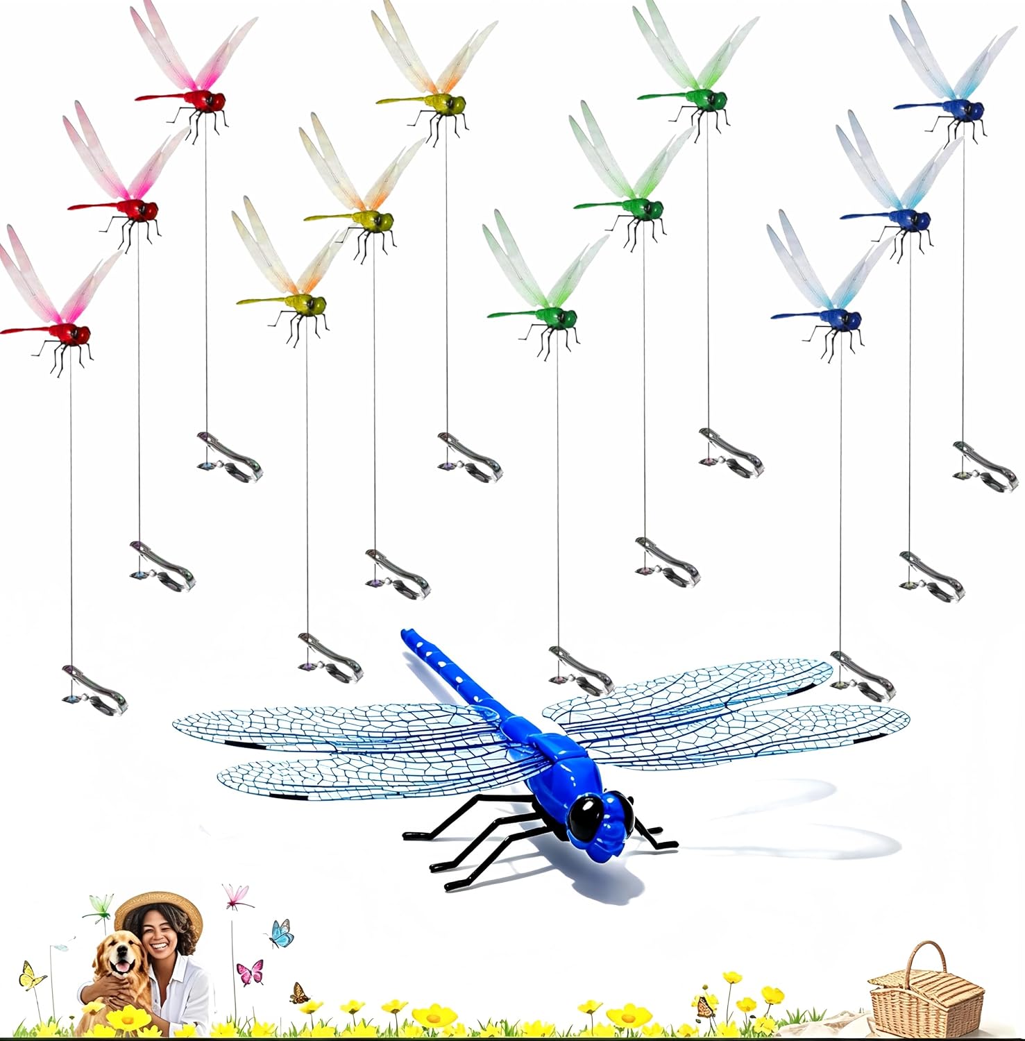 12 Pack Dragonfly Garden Clips, Decorative Plant Clips for Flower Pots, Outdoor Garden Decor Accessories, Insect Ornaments for Yard Lawn Patio Decoration(Colorful)