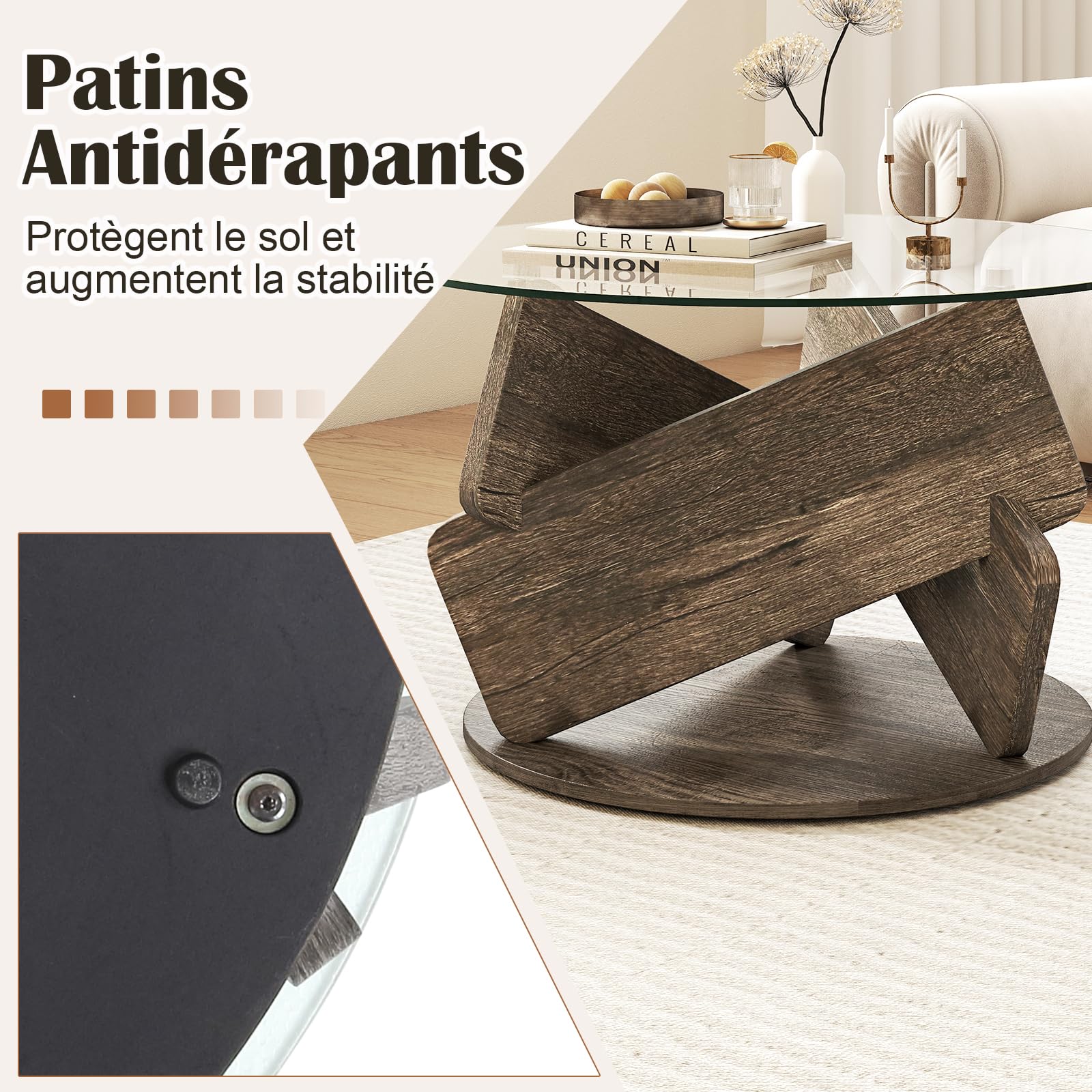 COSTWAY Table Basse Ronde en Verre, 81x 81 cm, Base en Caoutchouc, Style Rustique, Table de Salon pour Petit Espace, Bureau