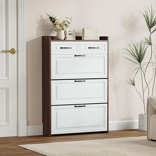 Vista 34 de Armario de zapatos para entrada, armario estrecho de almacenamiento de zapatos con 3 cajones abatibles y 2 cajones superiores, armario organizador