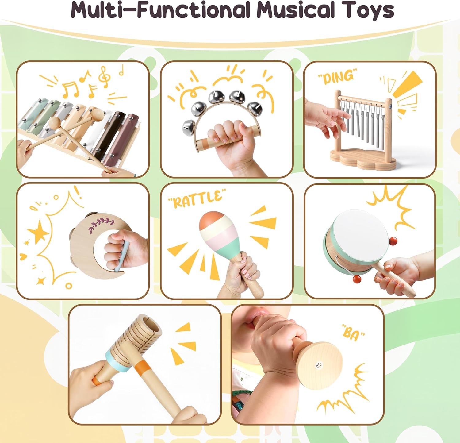 Wooden Musical Instruments for Toddlers 1-3, Montessori Percussion Set with Xylophone, Natural Music Education Toys for Baby 12-18 Months