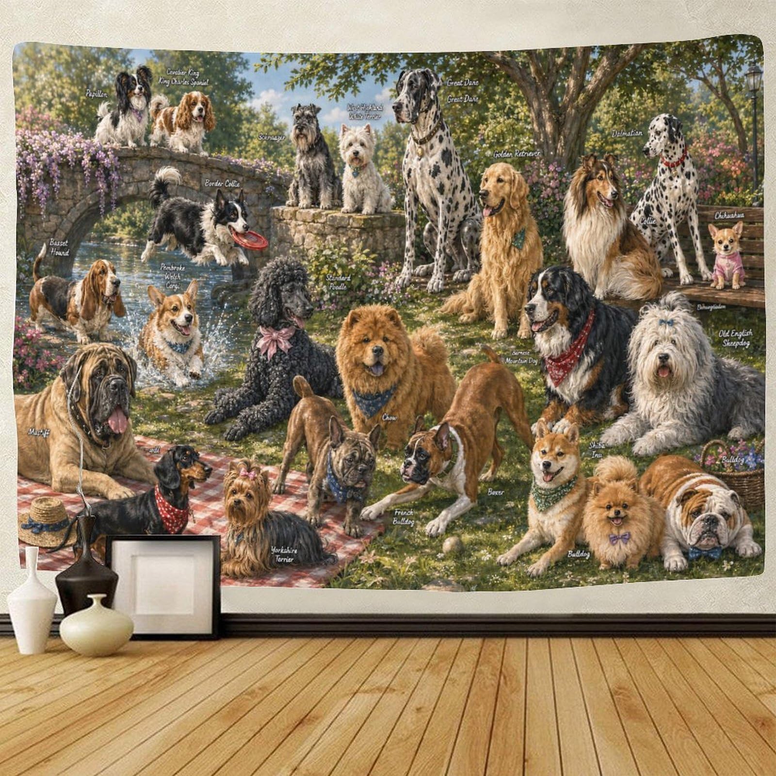 ASDFGHJKLZA Dog Breeds with Names Guide Wall Hanging Decor Wall Tapestry 3D Print Tapestries Poster Curtain Living Room Dorm 180cmx230cm