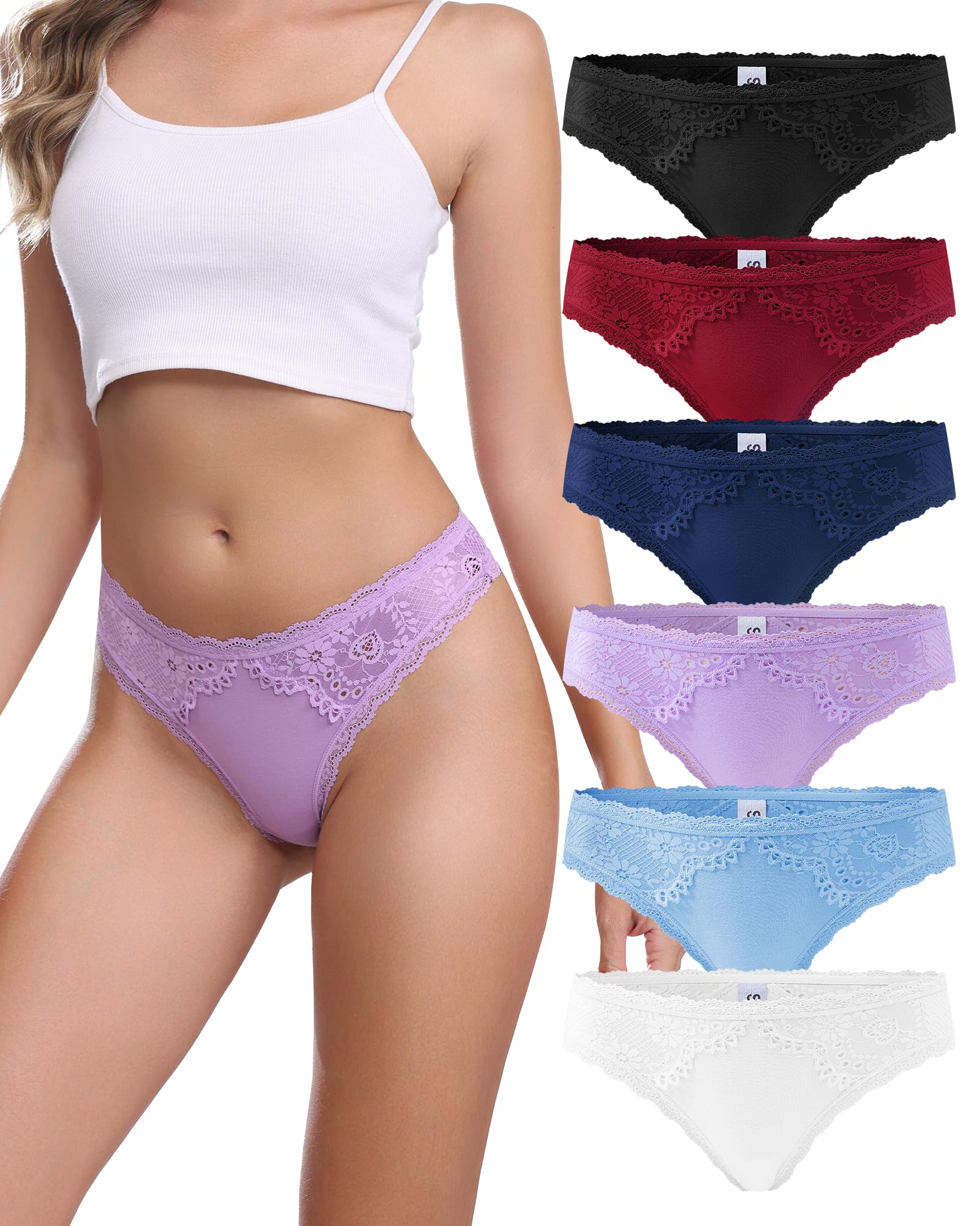 Oegho Womens Cotton Thong Underwear - Breathable No-Show Lace Trim Panties Soft Strench Comfort 6 Pack S-XL