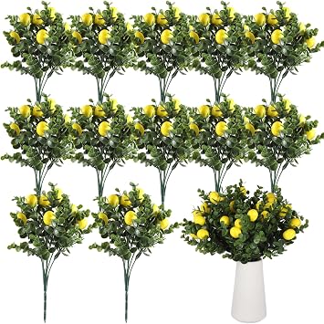 11 Faux Lemon Branches - 12 Pcs, Yellow Fruits, Green Stems, Home Decor